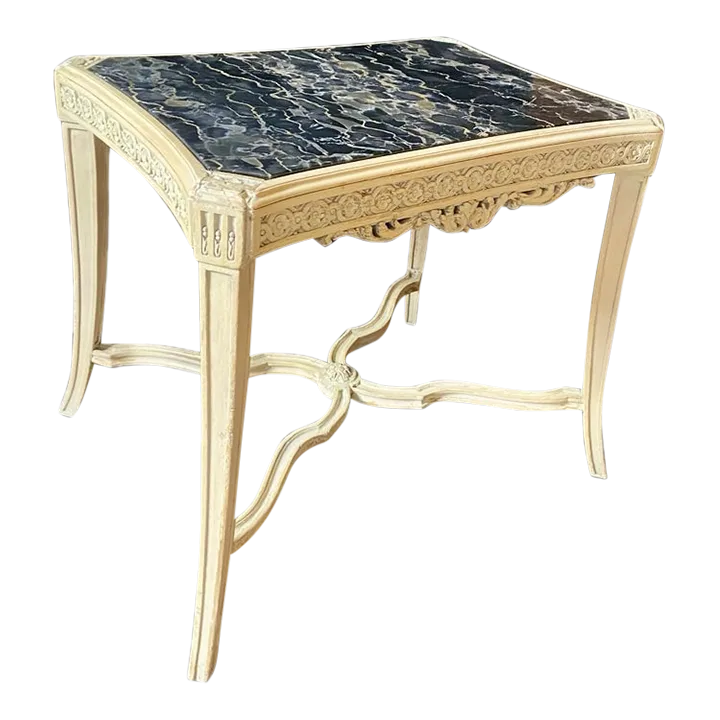 Antique White Marble Top Table With Carved Wood Detail | Chairish