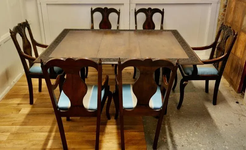 Carved Dining Table and Chairs, 1920s, Set of 7