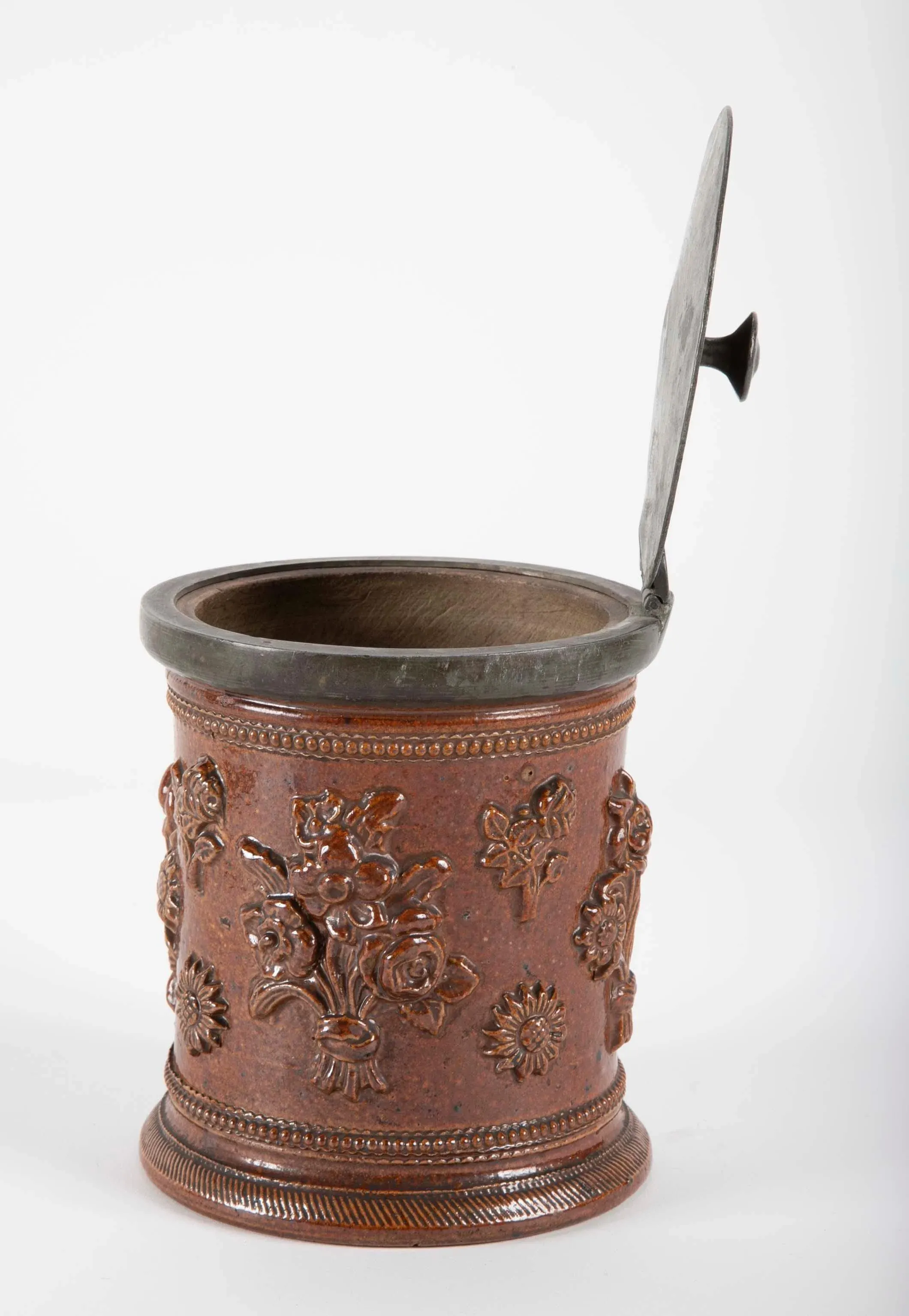 german tobacco jar 18th Century German Salt Glaze Tobacco Jar with Pewter Mounts