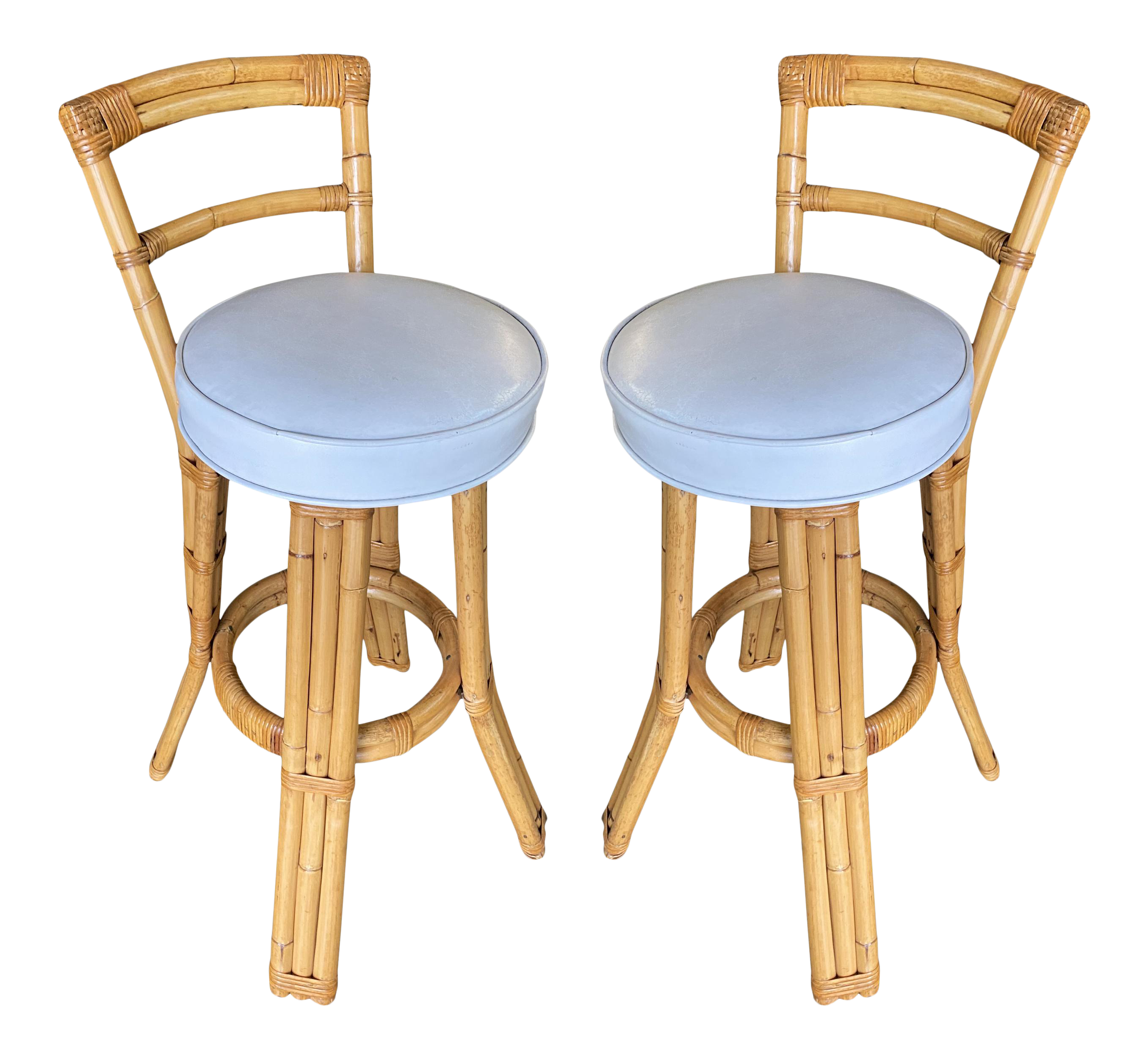 1950s Restored Vintage Three Strand Rattan Bar Stool With Pole Rattan Back