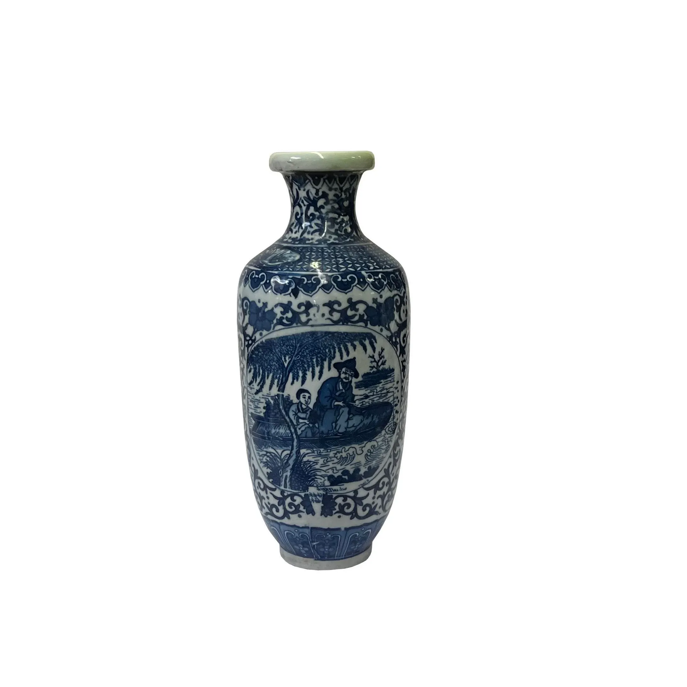 Chinese Blue White Porcelain People Graphic Round Shape Small Vase