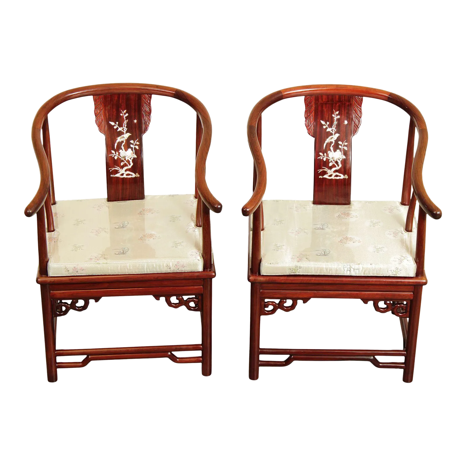 Chinese Rosewood and Mother of Pearl Inlaid Horseshoe Armchairs A