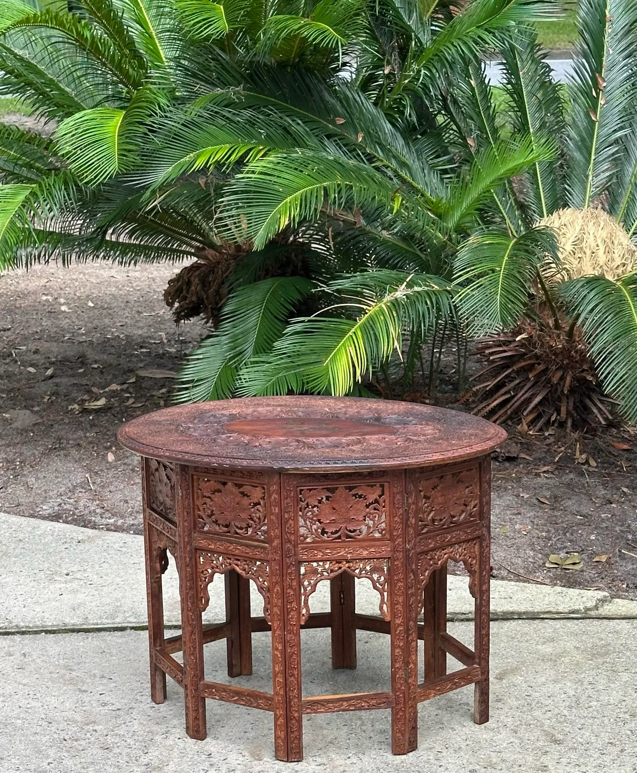 Vintage Anglo-Indian Moroccan Folding Table With Brass Inlay