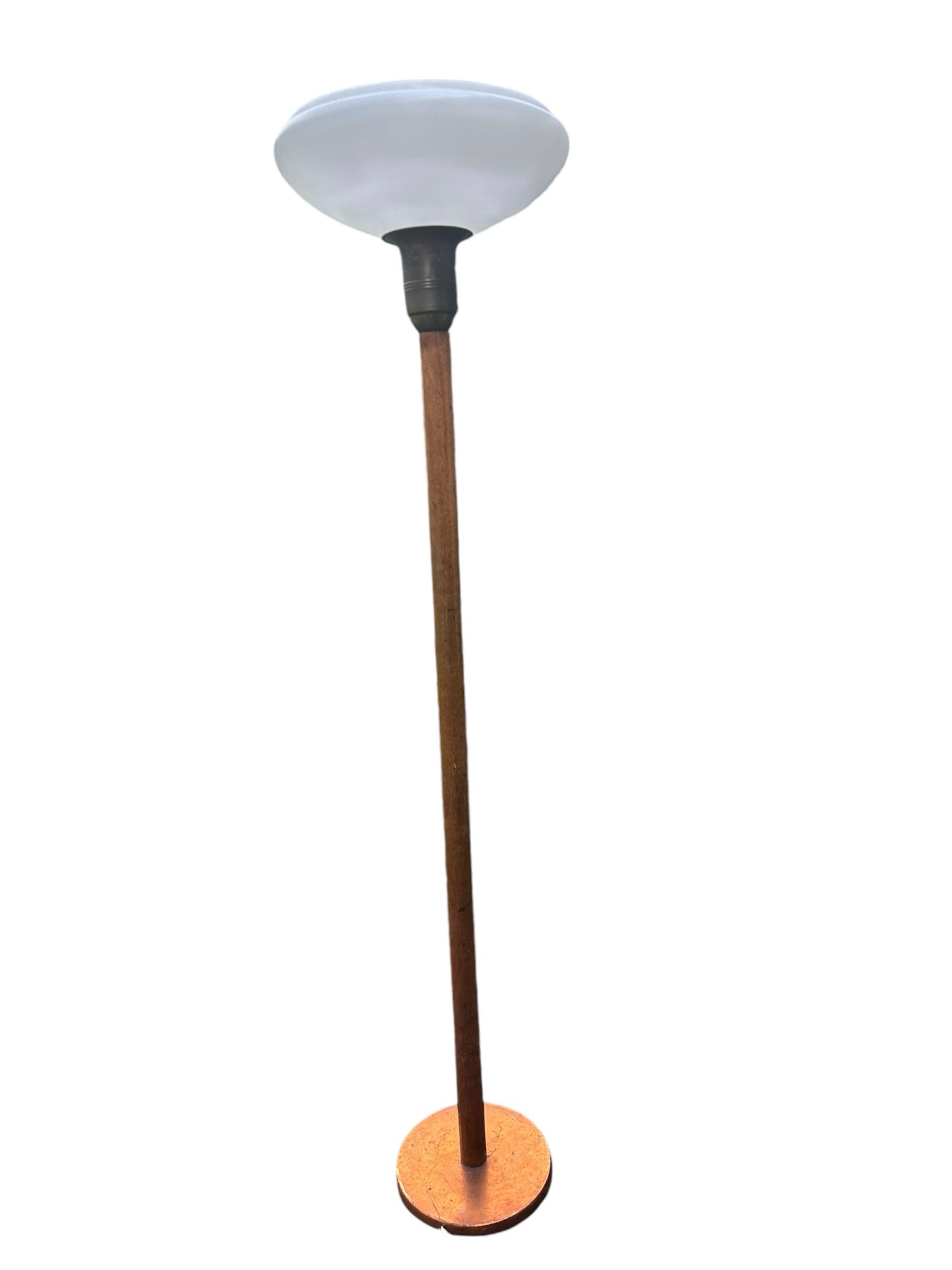 Vintage 1930's French Art Deco Walnut Torchiere Floor Lamp with Glass Shade, image size:1800x2400