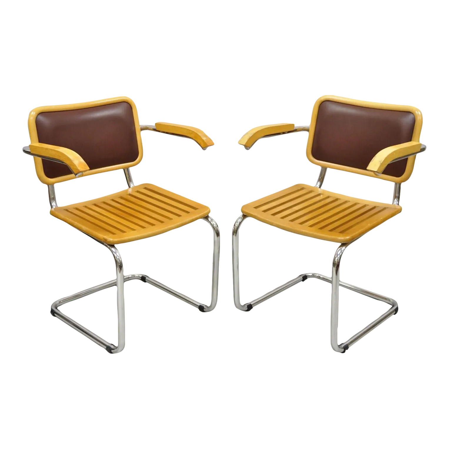 Marcel Breuer Cesca Chair Cantilever Chrome Frame Wood Seat a Pair