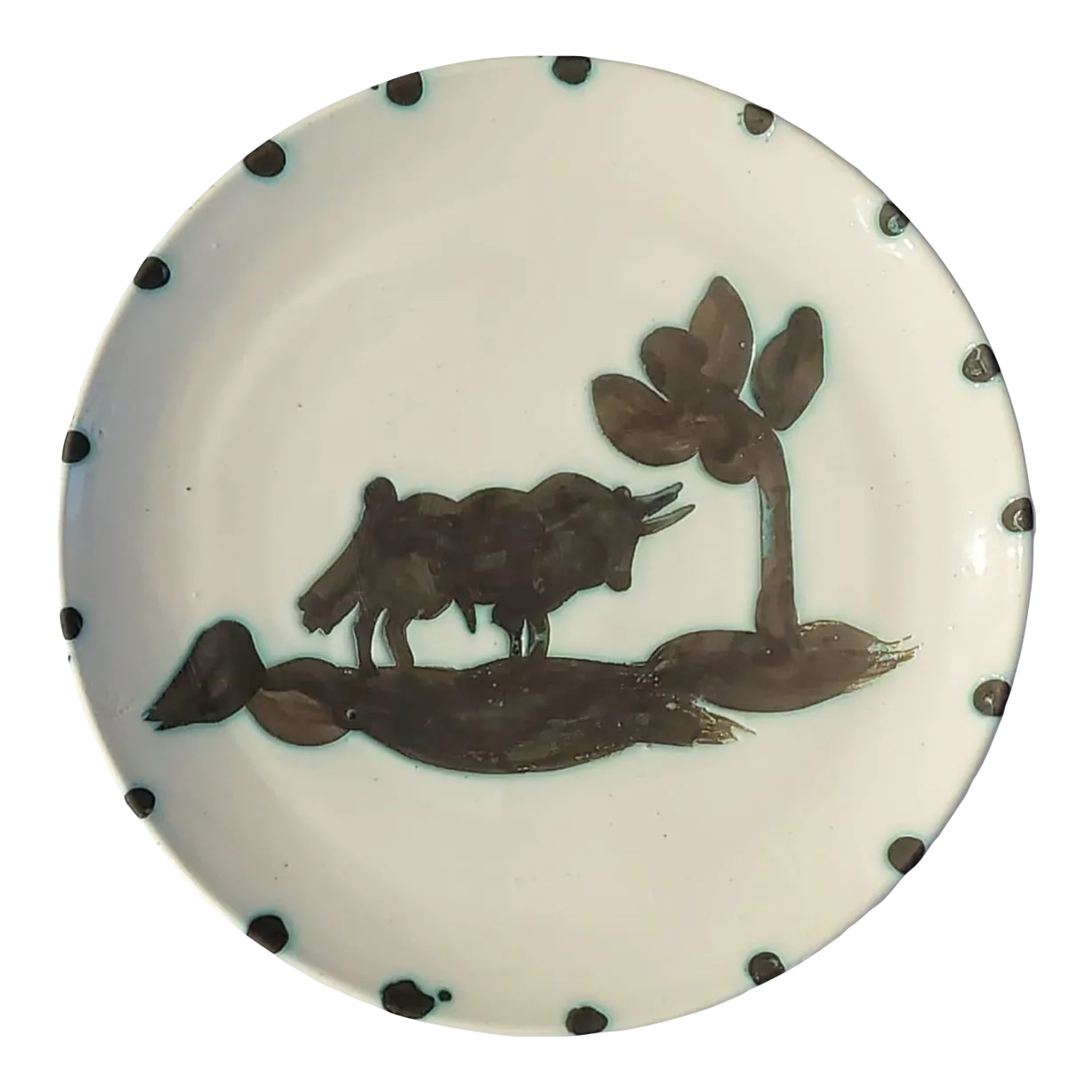 1950s Picasso Madoura Ceramic Plate 'Taureau Sous L'arbre' Ramie