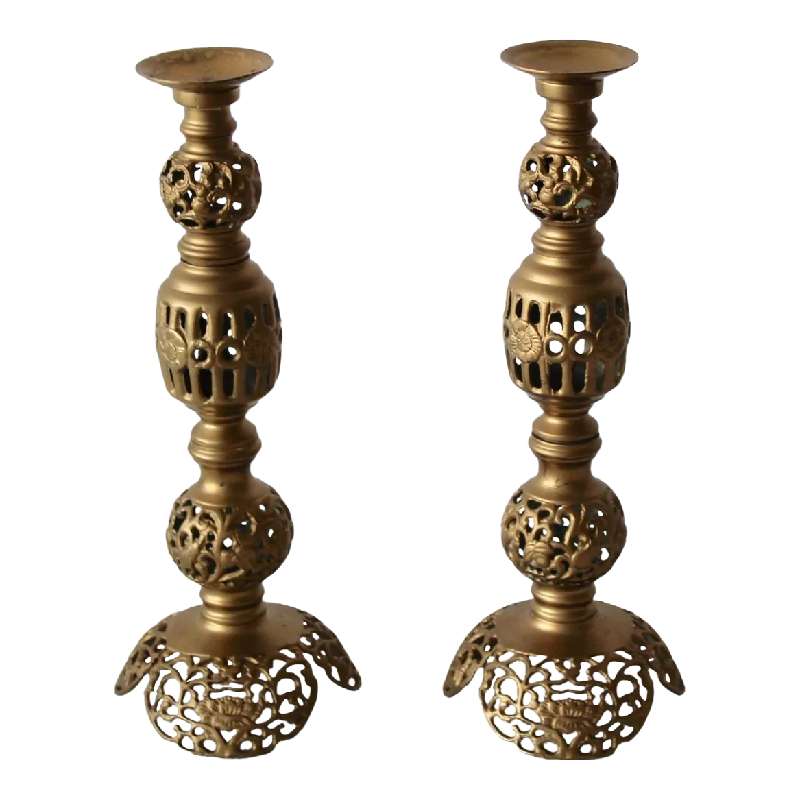 Art Nouveau Pierced Brass Table Top Candle Holders Vintage Mid Century