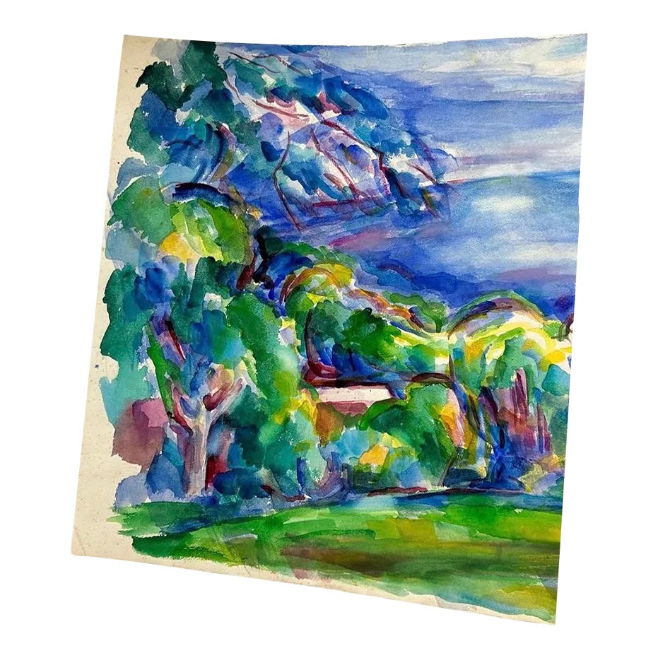 Vintage Abstract Watercolor Painting of a Tree and Valley