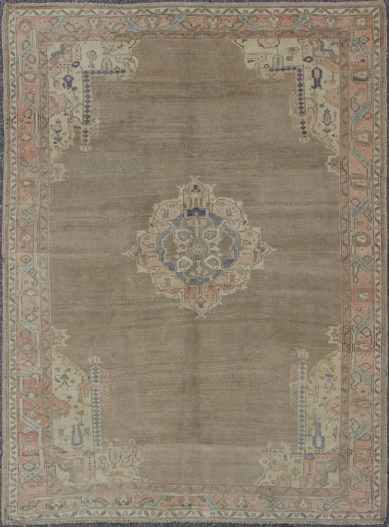 Vintage Turkish Oushak Rug With Taupe, Coral, Blue and Soft Green Tones