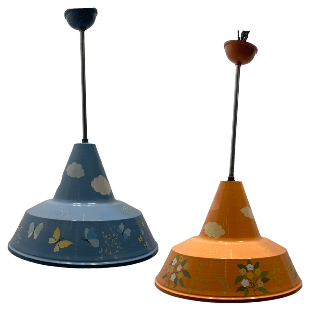 Italian Hand Painted Metal Light Pendants, 1980s, Set of 2