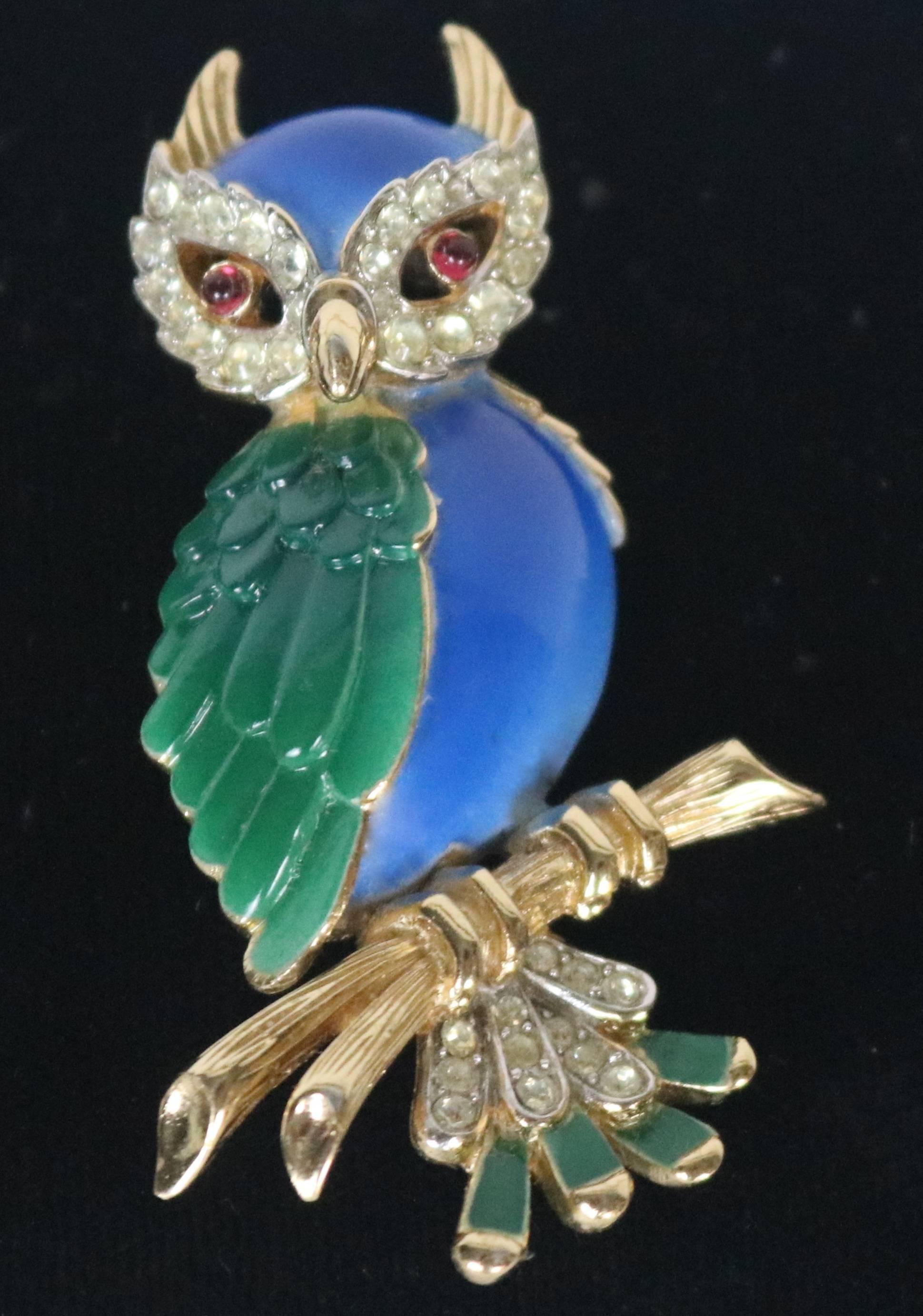 1960s Signed Crown Trifari Jeweled Owl Brooch Chairish