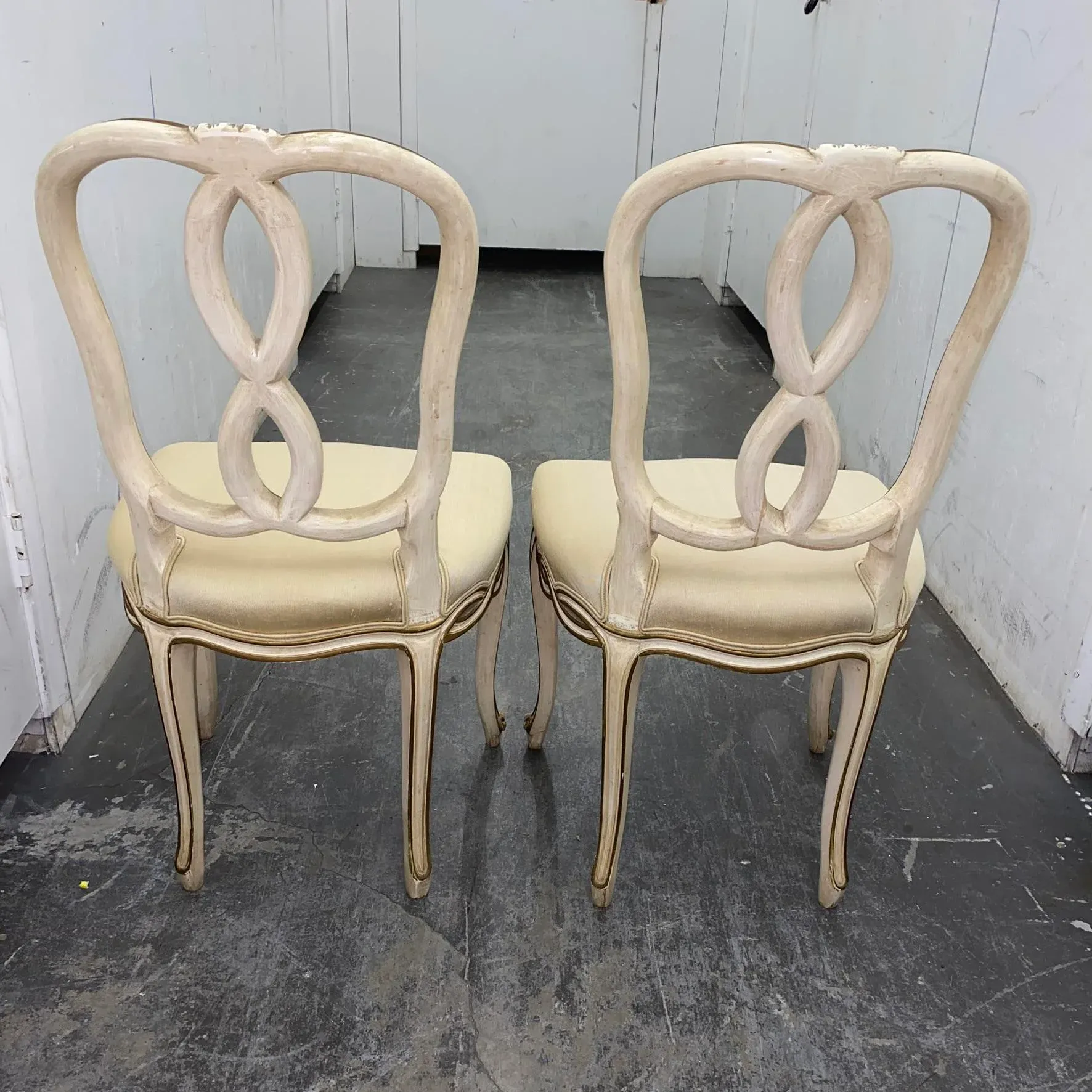 1940s Pair of Vintage French Provincial Ribbon Back Painted Side Chairs in Champagne Silk