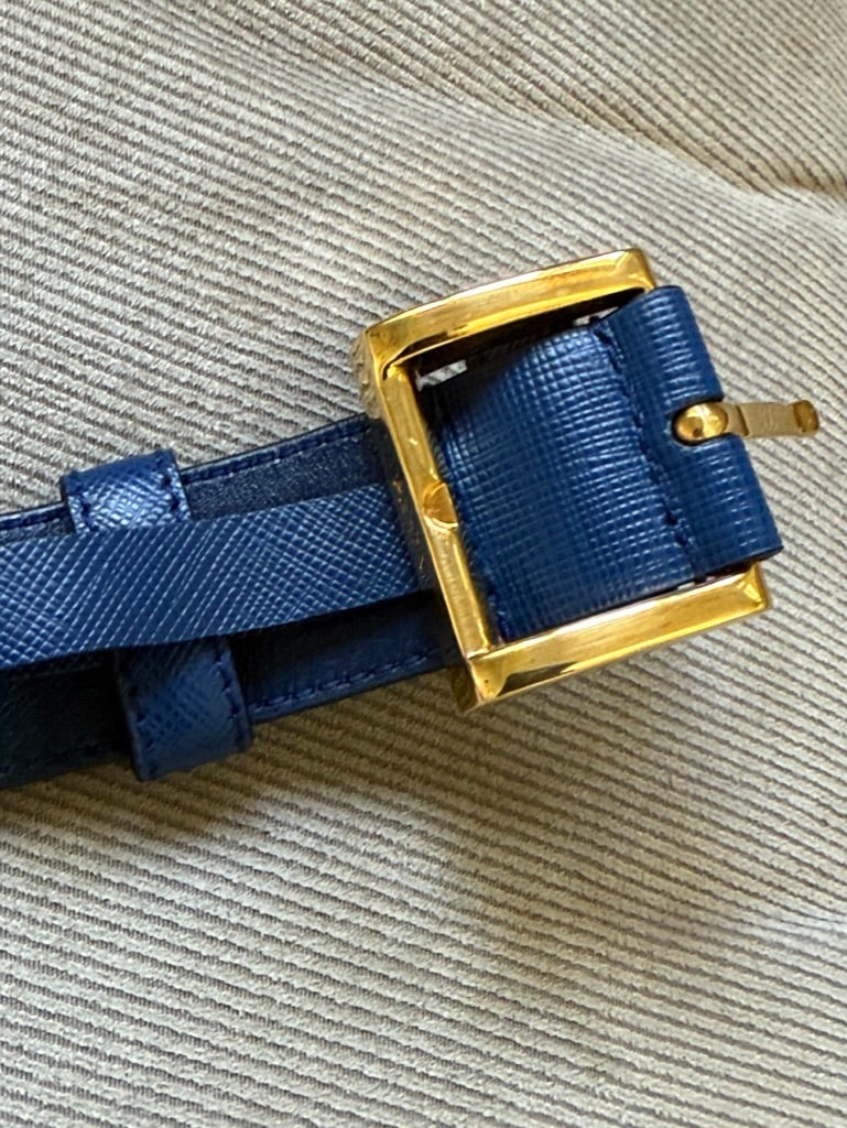 Prada Navy Leather Belt with Gold Buckle PRADA Round Logo Blue Saffiano Leather Belt Size 40 main image 3