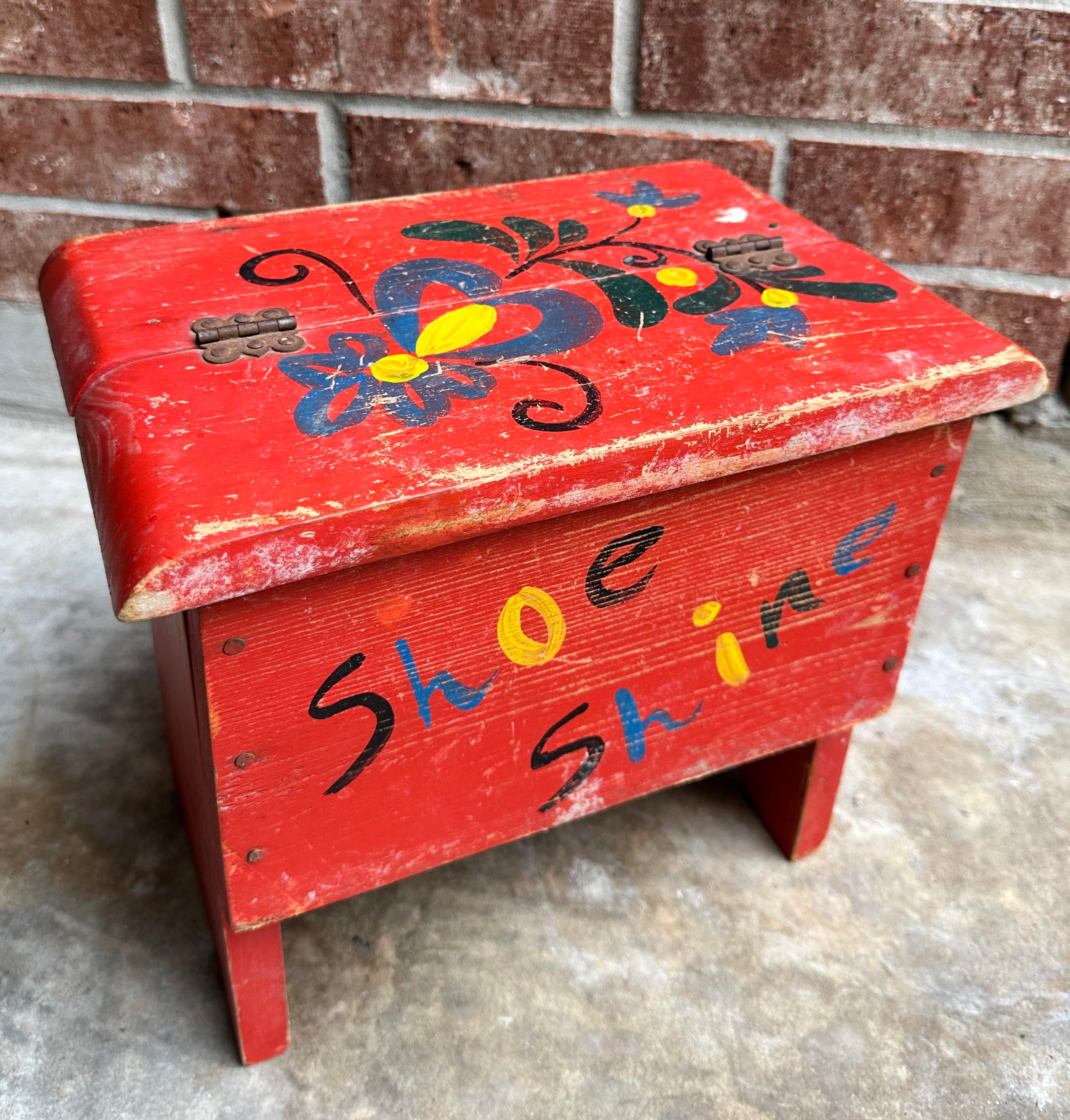 Vintage Red Shoe Shine Stand Hand Painted Wooden Folk Art Shoe Shine Box  Footstool