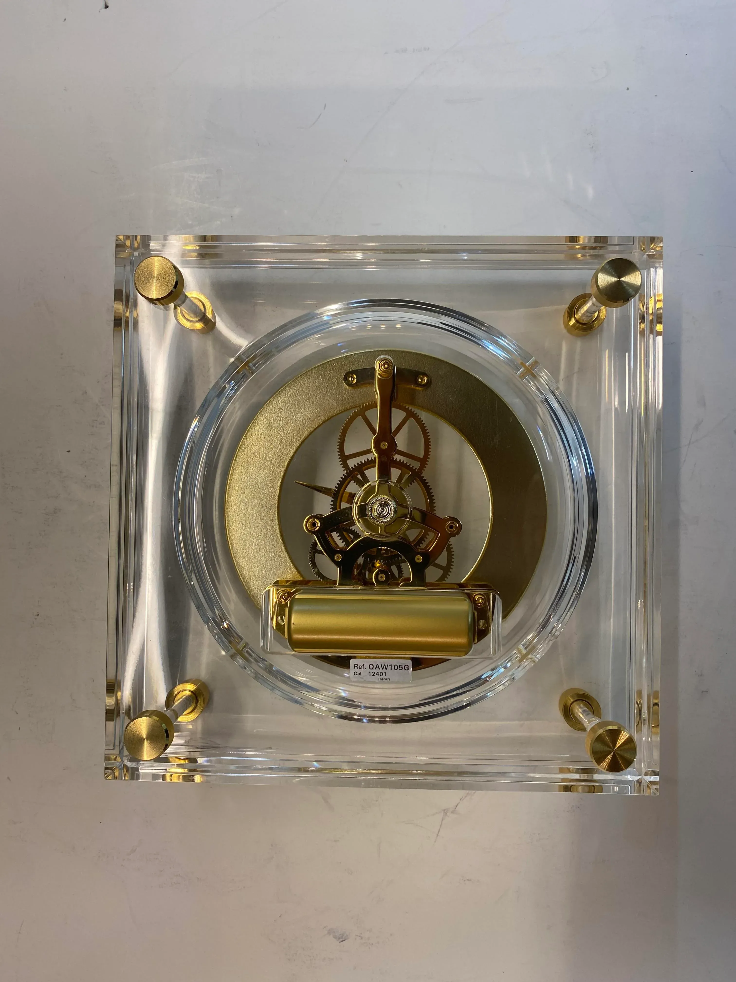 Mid-Century Modern Skeleton Seiko Clock with Gold Accent Brass & Lucite |  Chairish