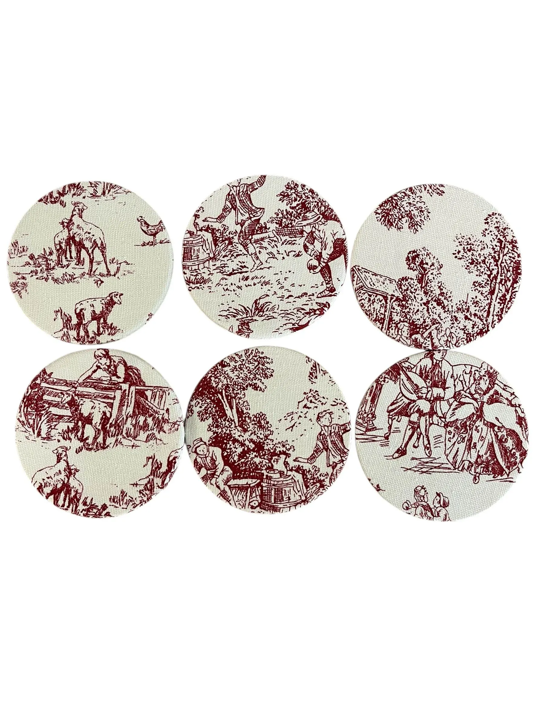 Set of 6 Busatti Fabric Coasters – Red & White Toile, Handmade in Italy