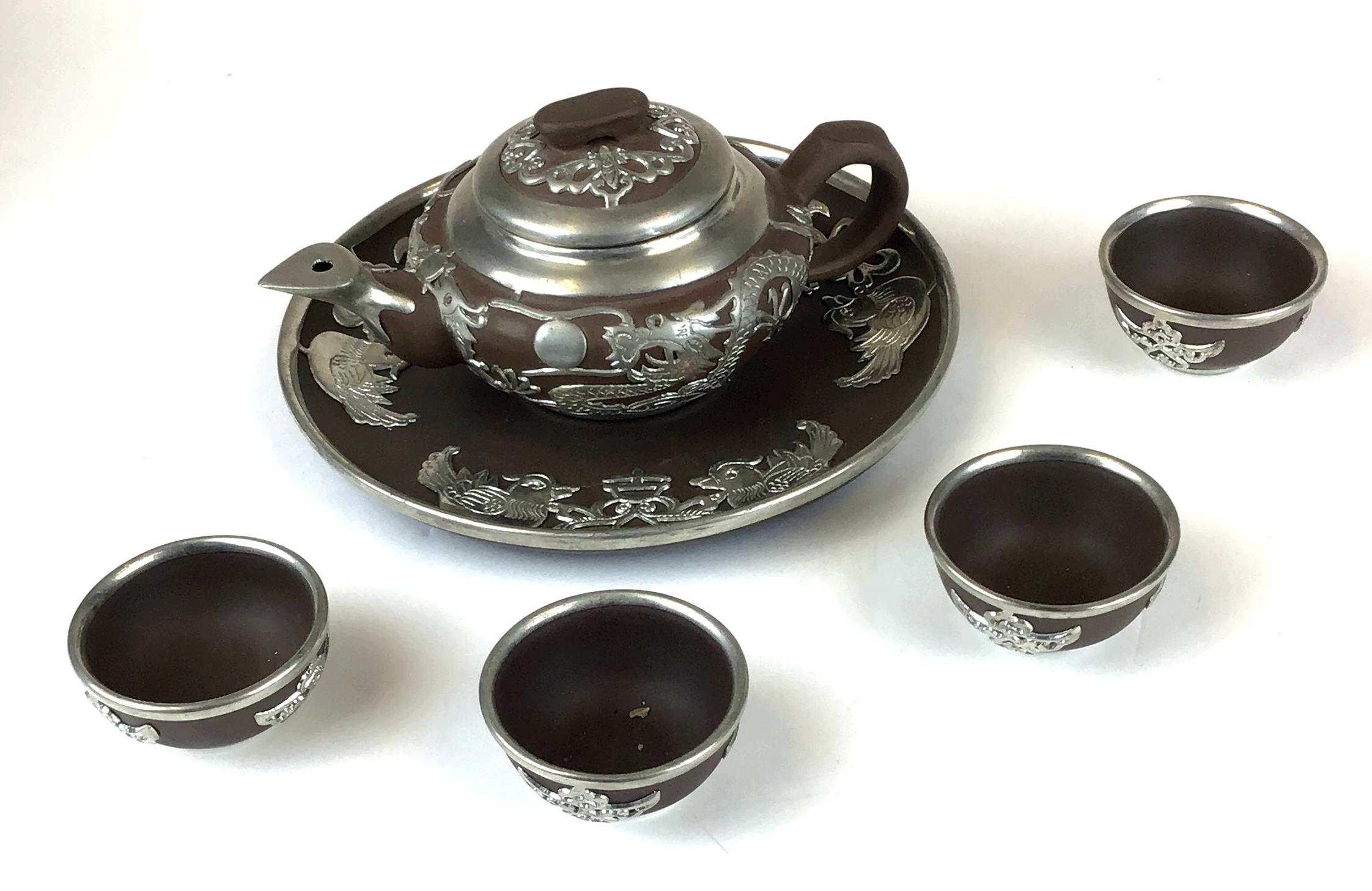 Vintage Chinese Yixing Zisha Teapot Set with Silver Tone
