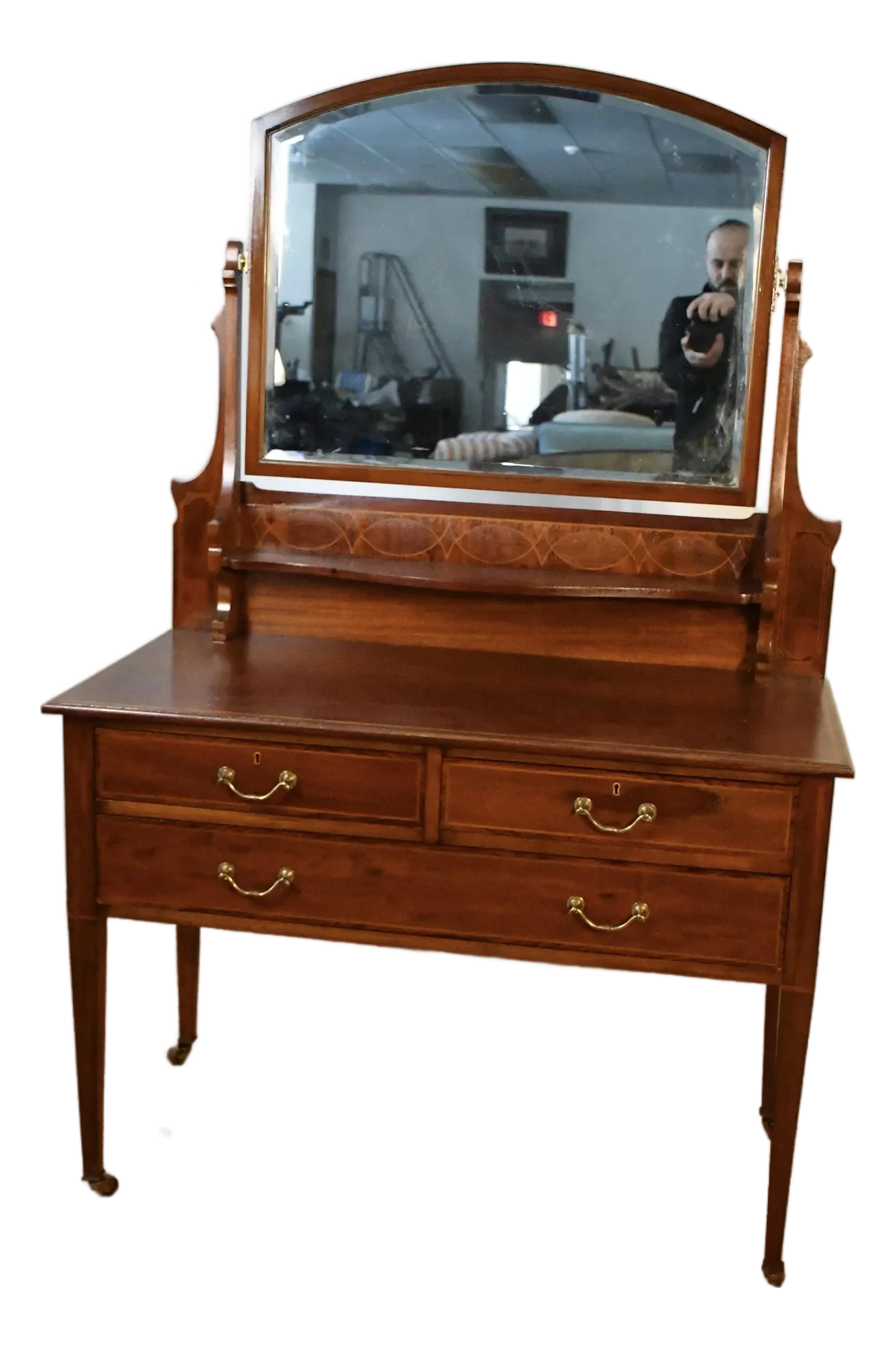 1900s Antique Maple & Co English Hepplewhite Mahogany Ladies Vanity and  Mirror