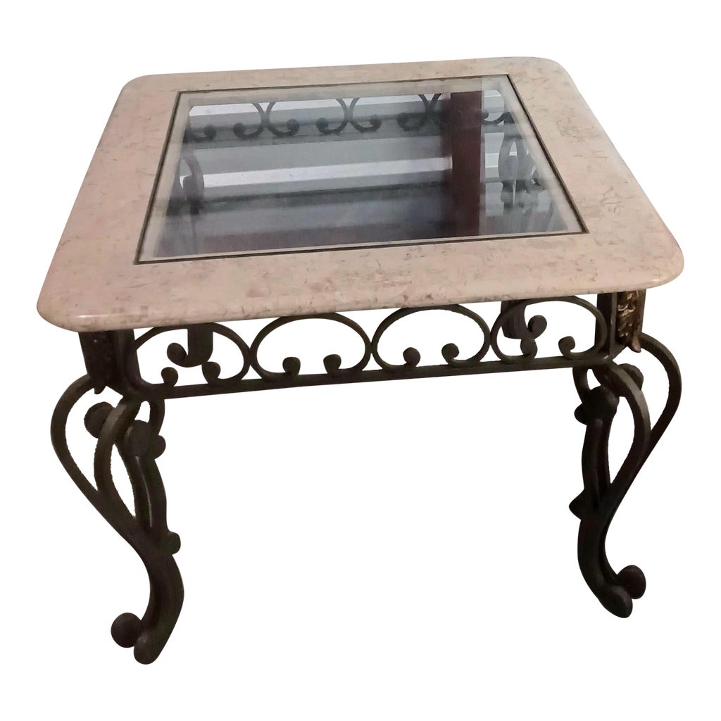 1990s Vintage Marble and Glass Top Wrought Iron Coffee Table | Chairish