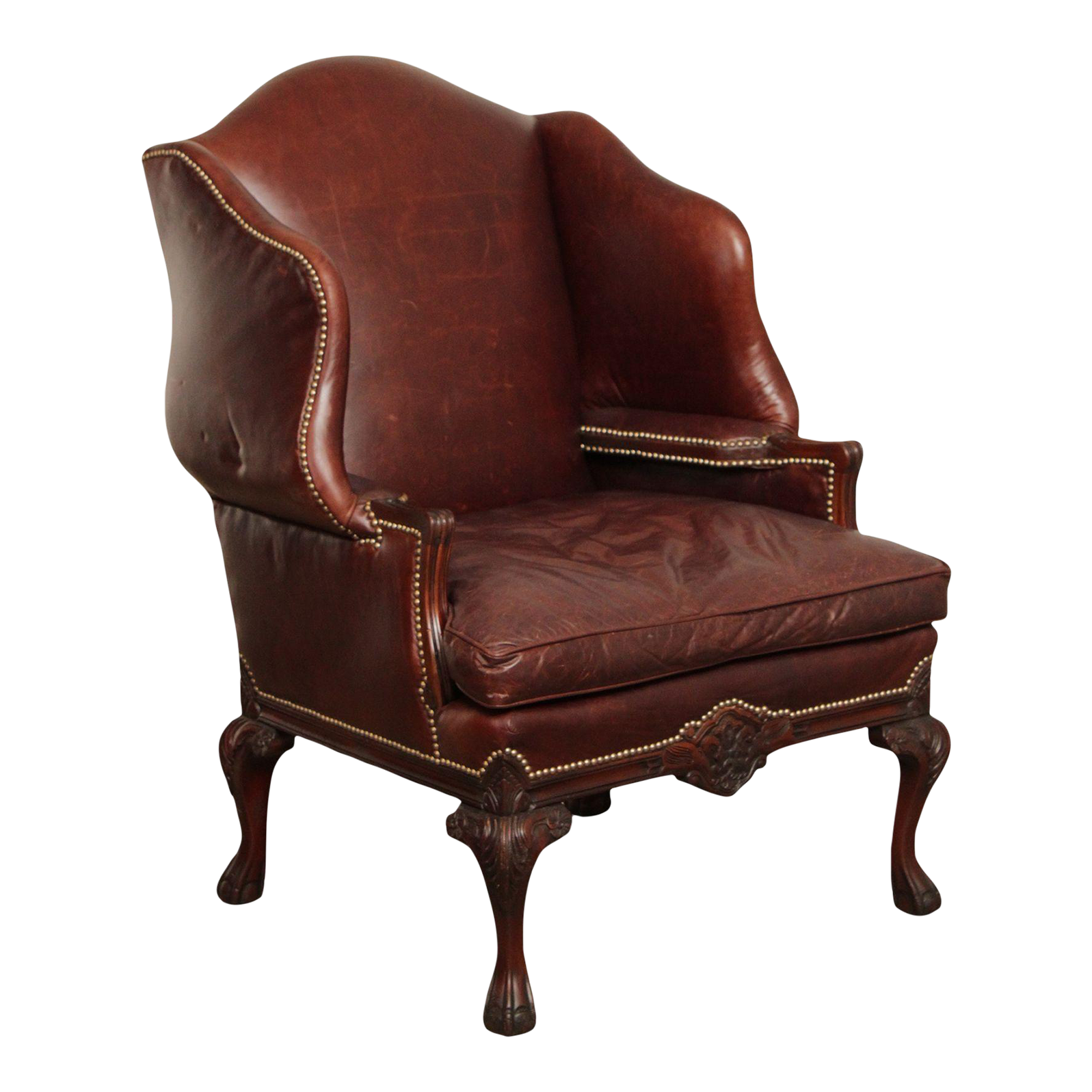 Old Hickory Style Carved Mahogany Leather Wingback Armchair