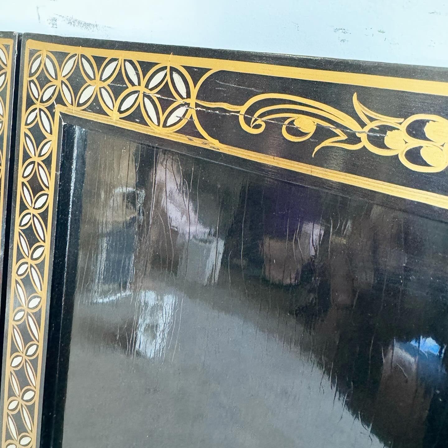 Chinese Black Lacquered Gold and Stone Room Divider/Screen