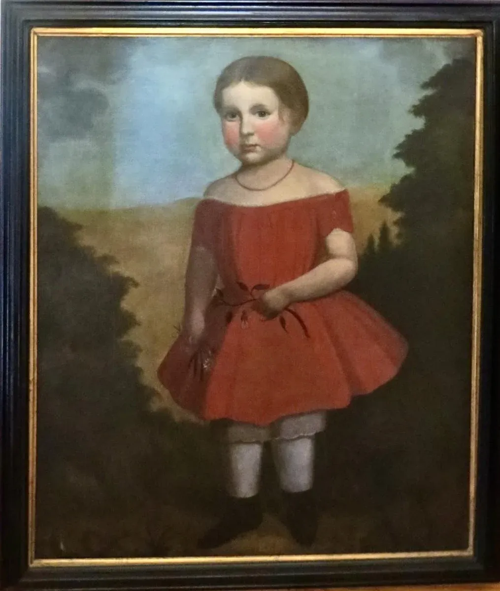 portrait of a young lady in a red dress Folk Art Portrait Painting \