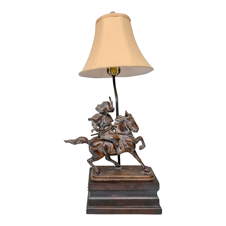 Vintage Bronze Samurai on Horseback Lamp With Shade | Chairish
