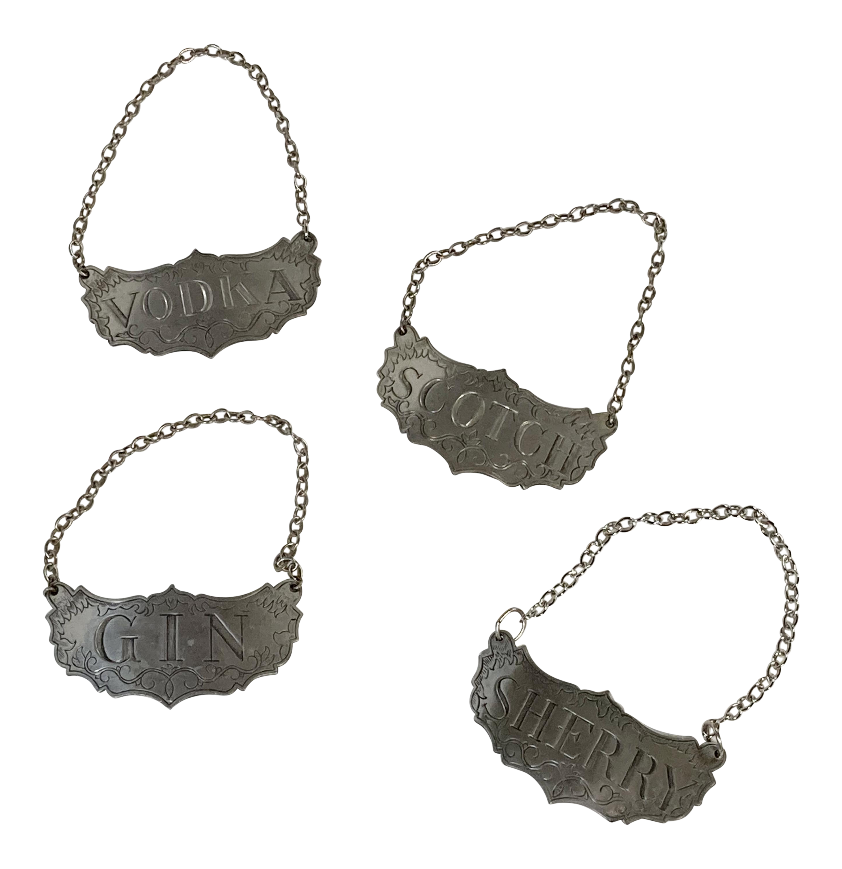 Pewter Steiff Liquor Decanter Tags, Set of 4