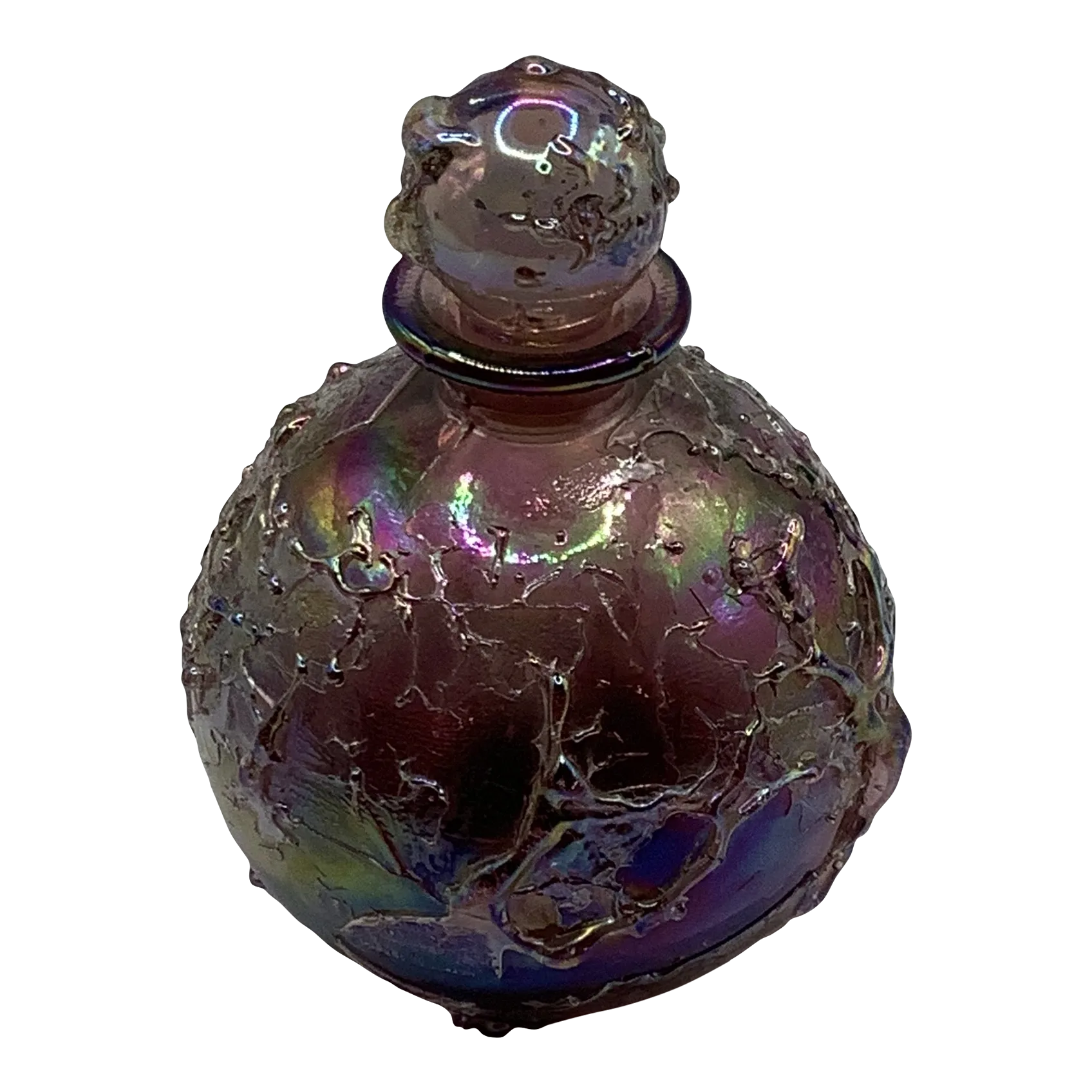 Hand Blown Purple Iridescent Art Glass Perfume Bottle With Lid