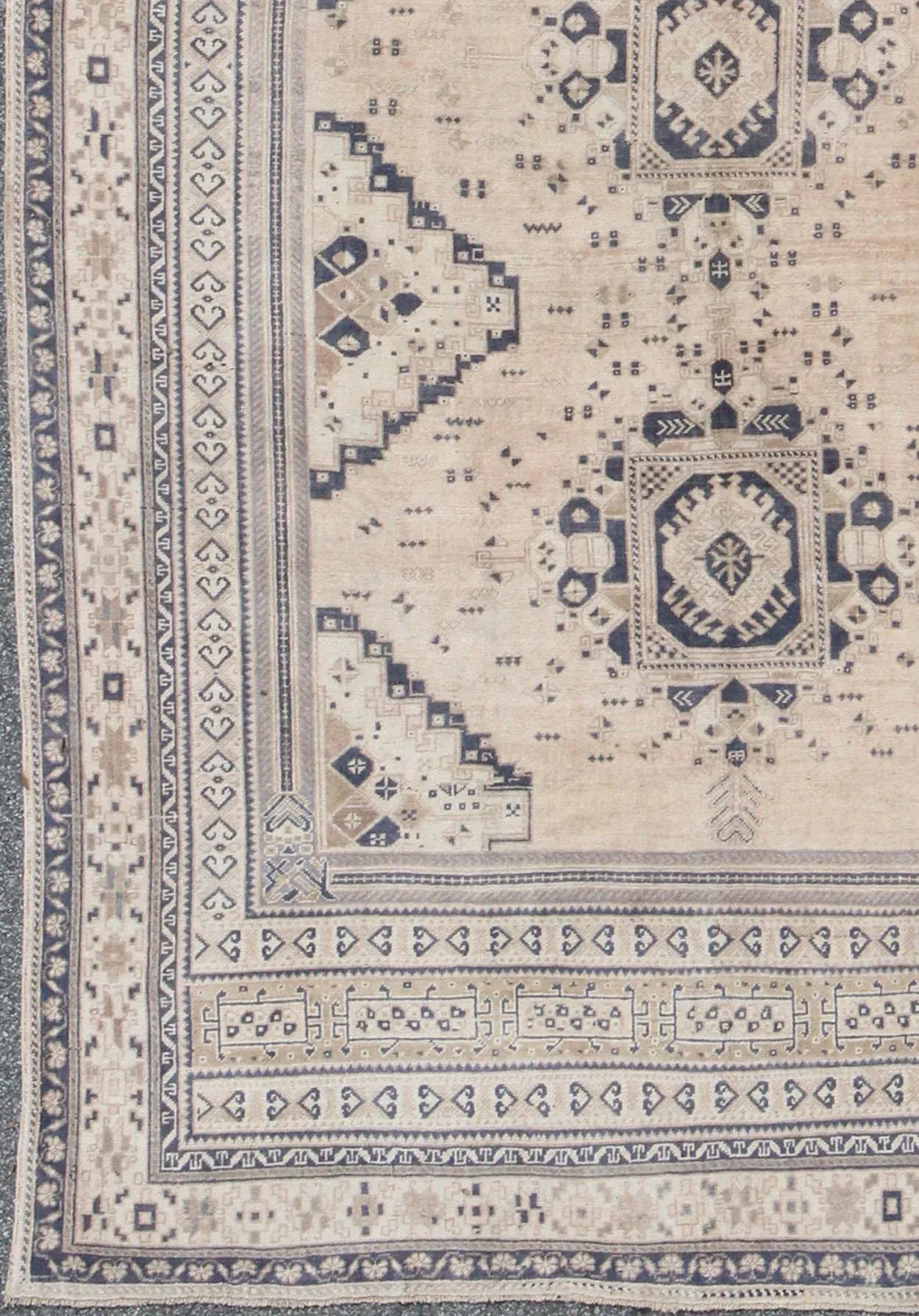 DaVinci Ivory Lace Wedding DressVintage Turkish Oushak Rug Featuring Soft Beige Field With Navy Tribal Design