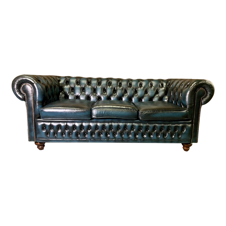 Vintage MidCentury English Leather Chesterfield 3 Seat Sofa, Blue