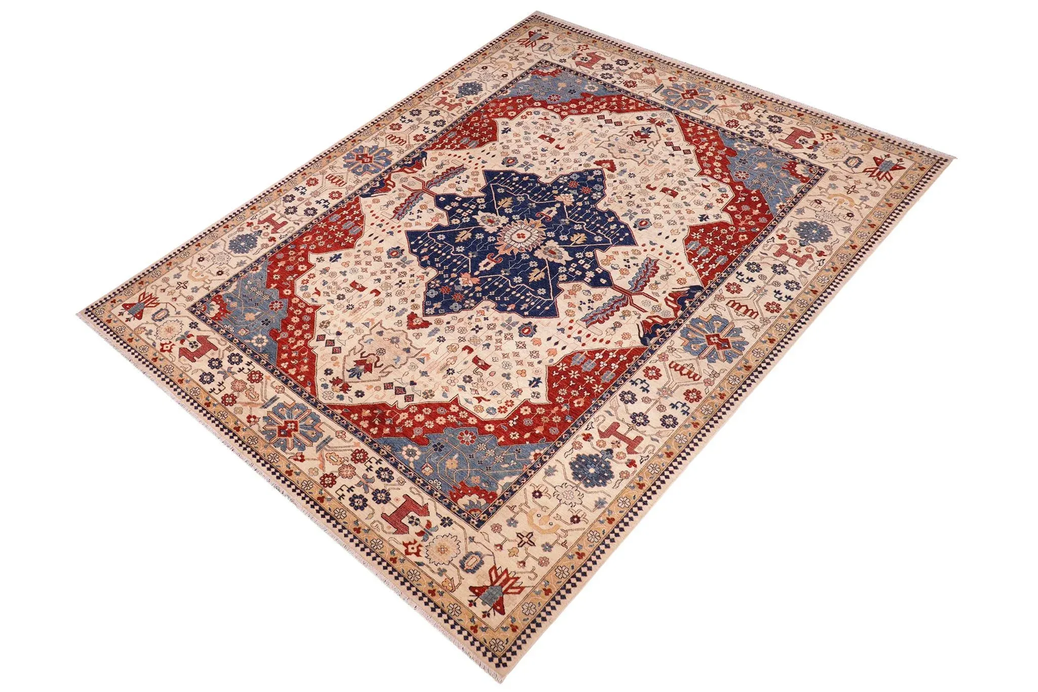 Southwestern Heriz Ziegler Beige Blue Hand-Knotted Rug-9\'10\'\' X 12\'7\'\'New San Judas Made Out Of Cement Perfect Gift ? 