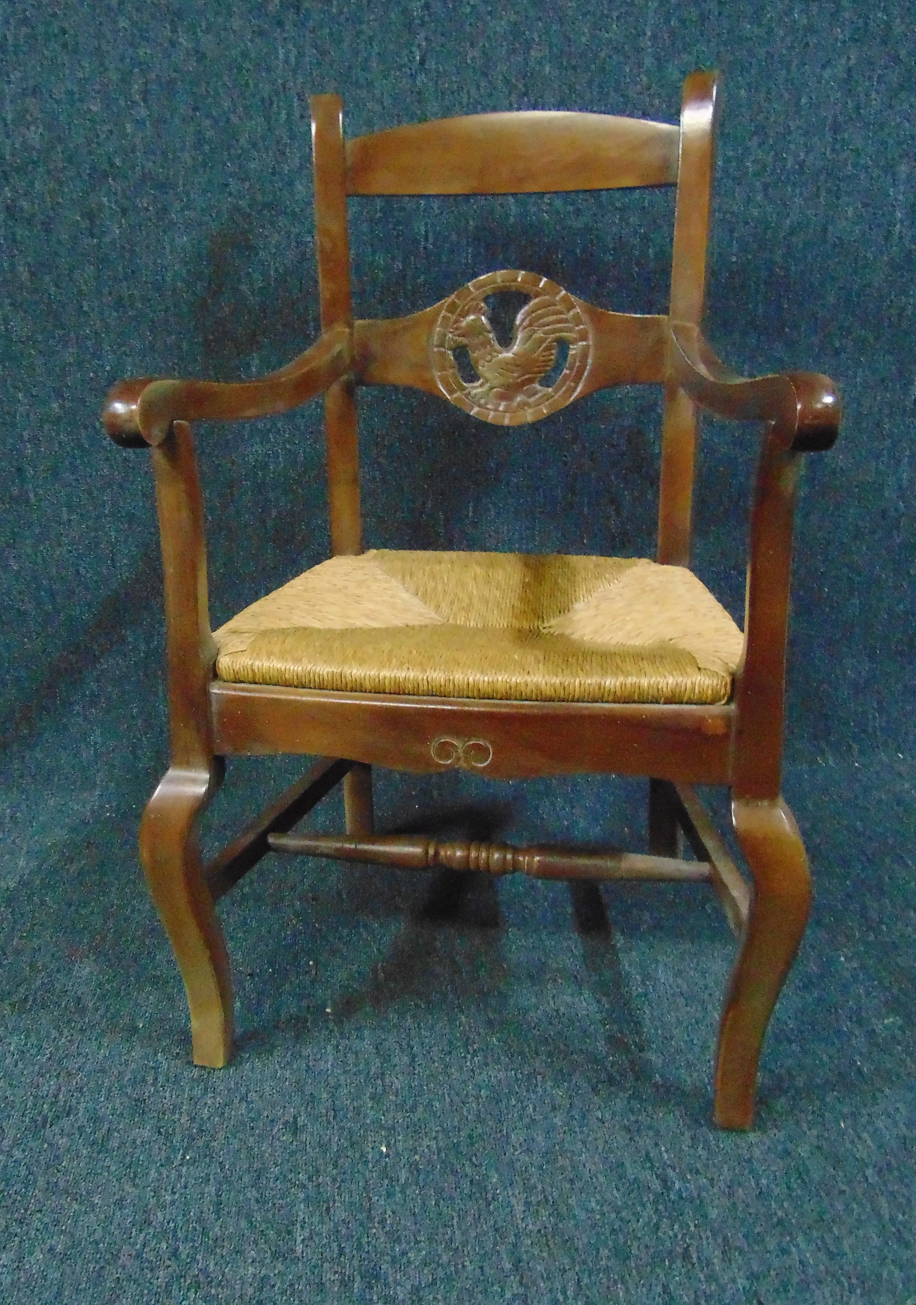 Country French Fruitwood Rooster Carved Rush Seat Arm Chair