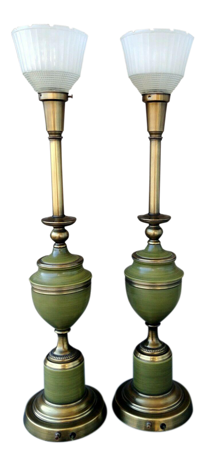 Vintage Rembrandt Brass & Green Enamel Hollywood Regency Table Lamps