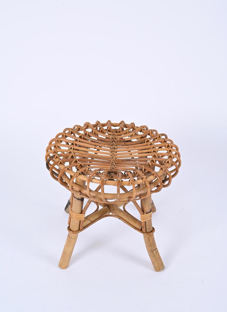 Italian Round Stool in Rattan and Bamboo by Franco Albini, 1960s