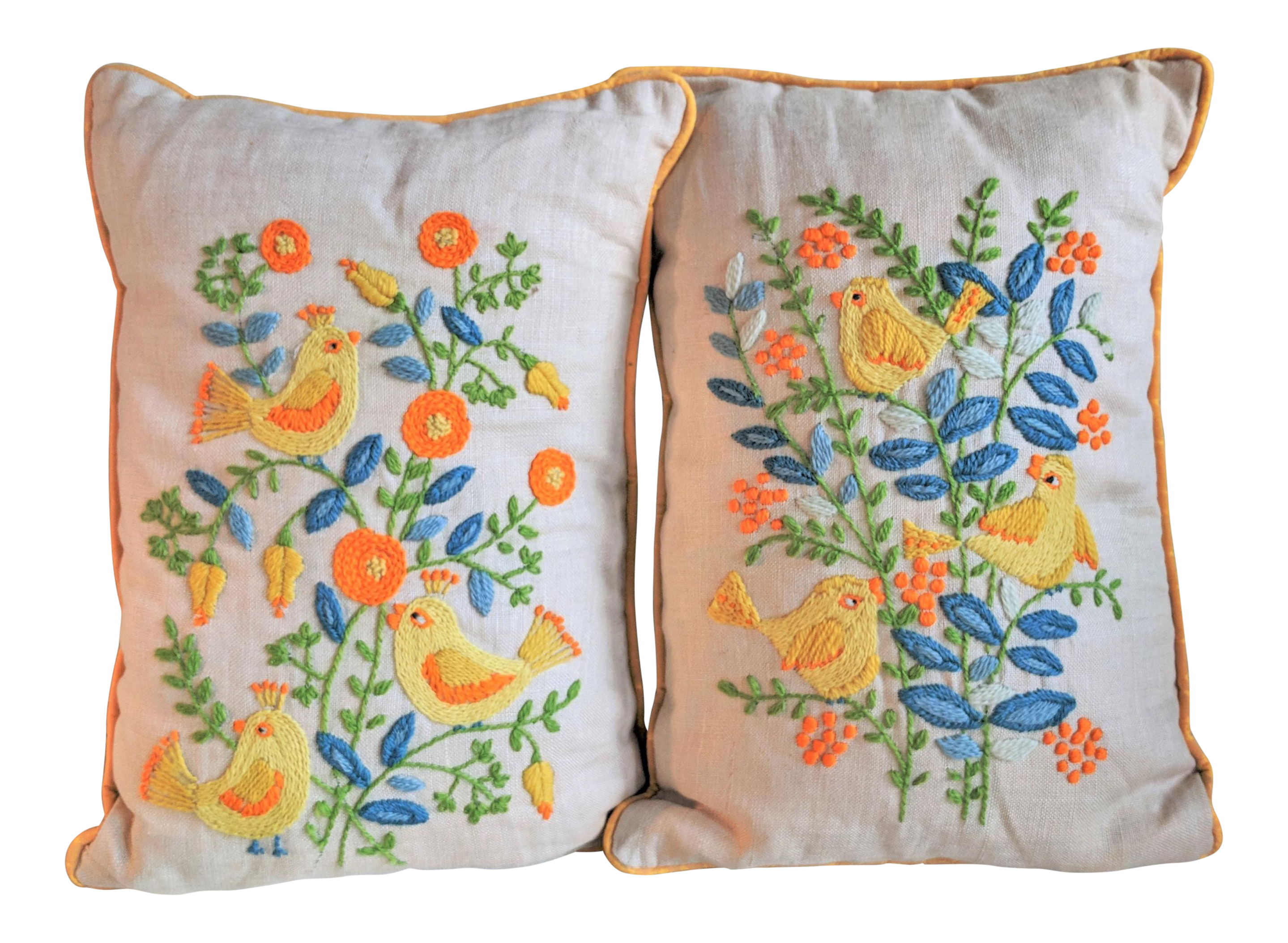 Vintage Embroidered Crewel Bird Throw Pillows A Pair Chairish