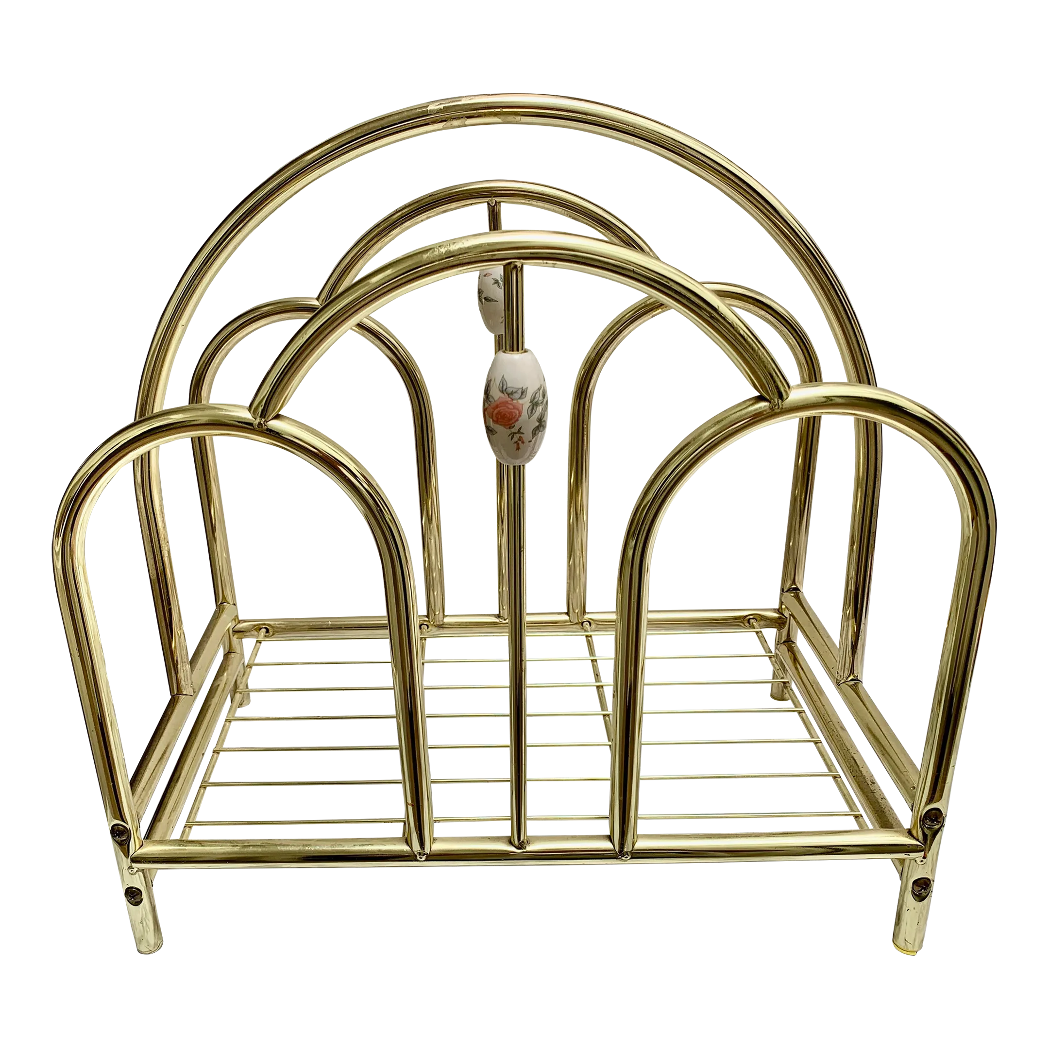 Vintage 1970s Brass and Enamel Magazine or Wood Vessel Rack | Chairish