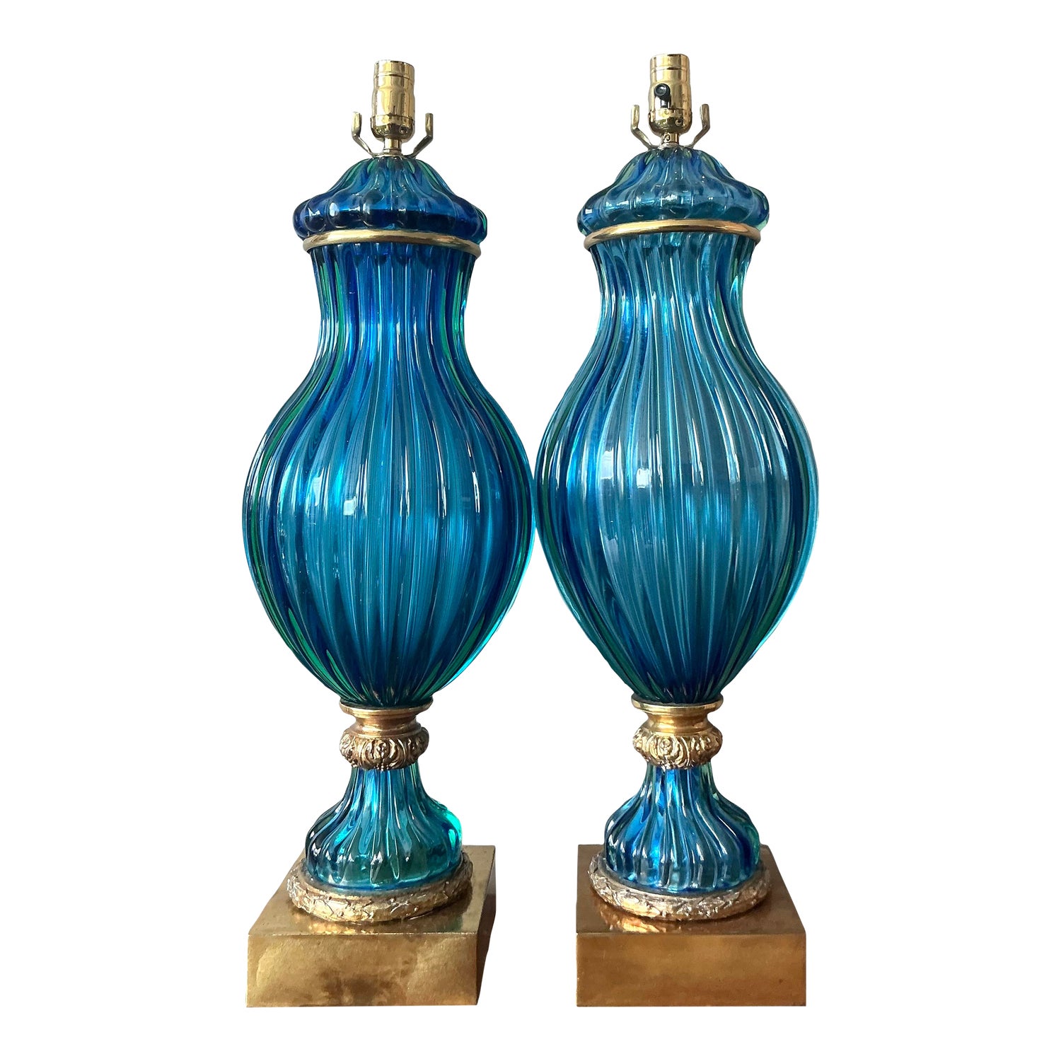 Vintage Italian Monumental Art Glass Lamps After Murano - a Pair