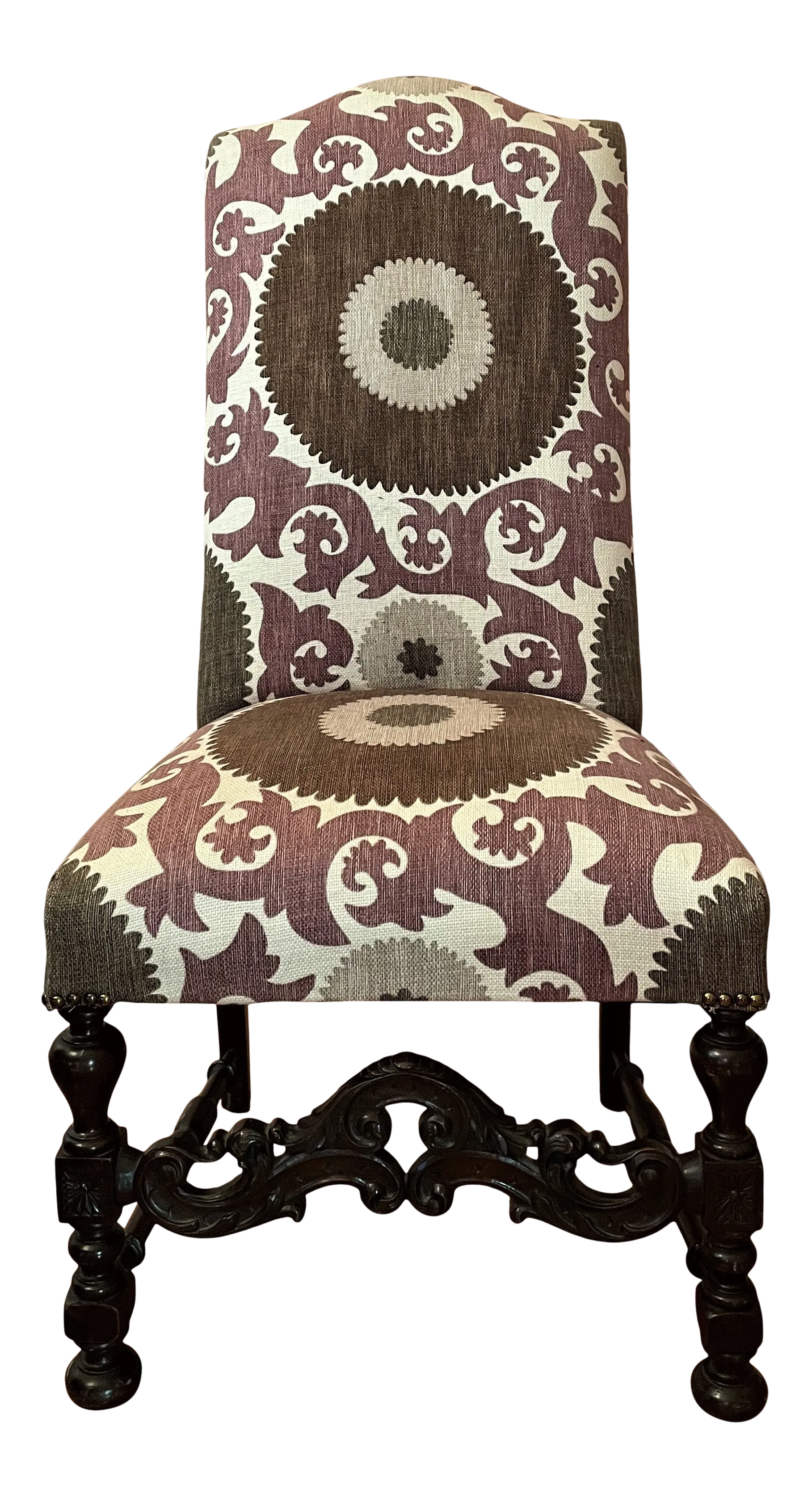 1940s Vintage Santa Barbara Style Side Chair in Lavender, Taupe and Brown with Carved Walnut Frame