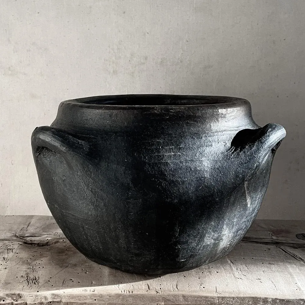 Large Antique Folk Black Ceramic Pot, Balkans