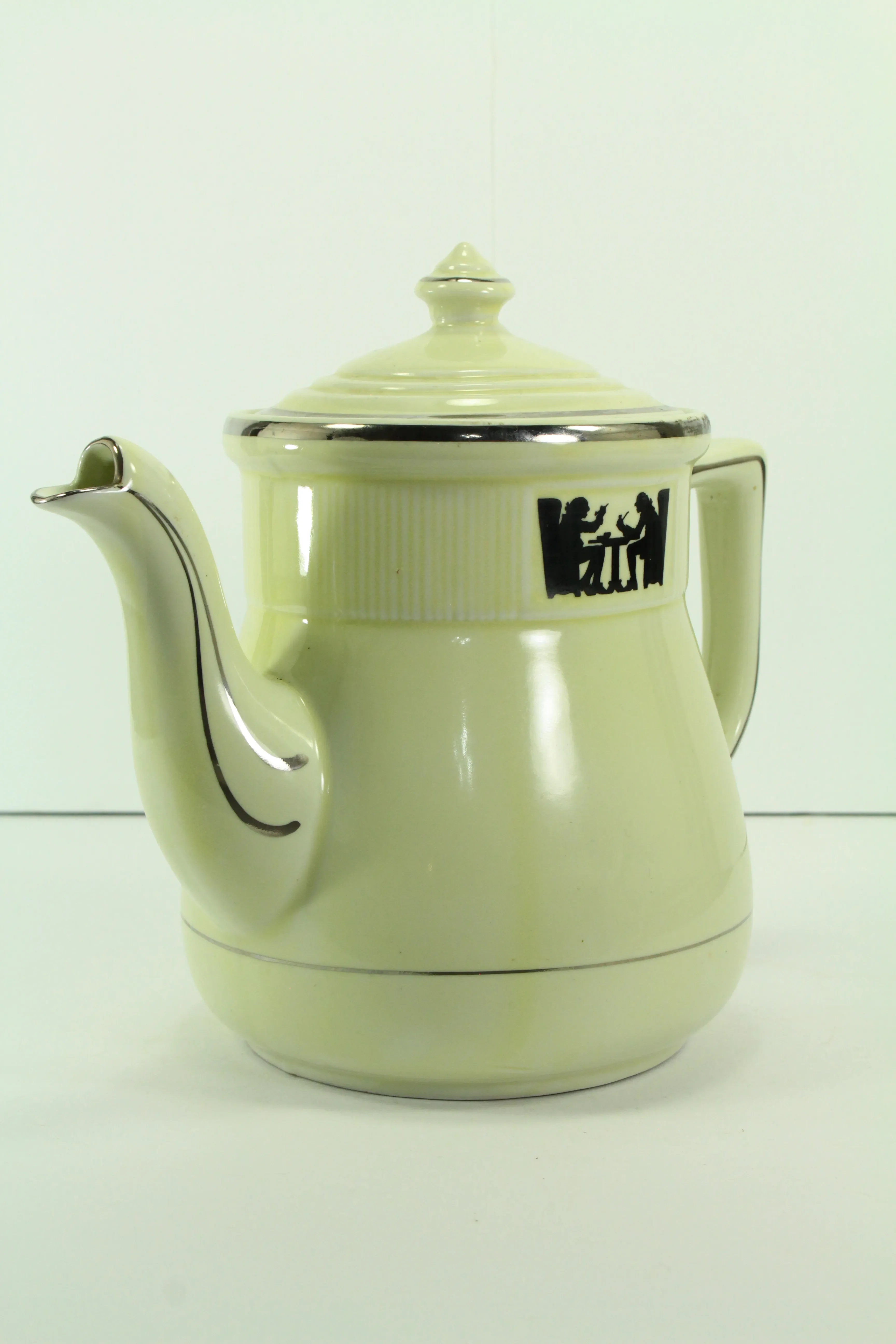 1930's Hall's Silhouette 8 Cups Medallion Coffee Pot, Tavern Scene