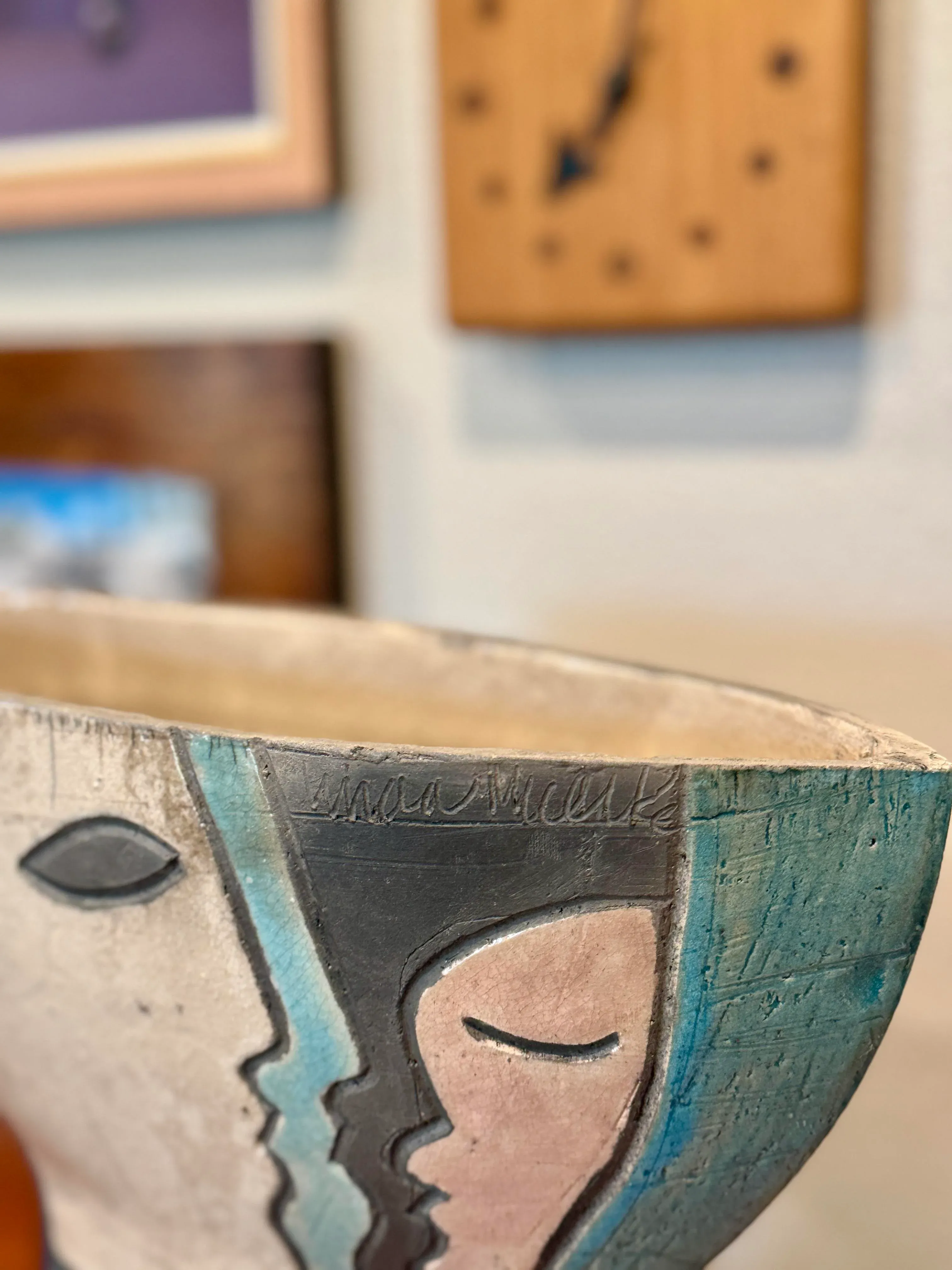 Modernist Raku Pottery Ceramic Vase With Abstract Faces