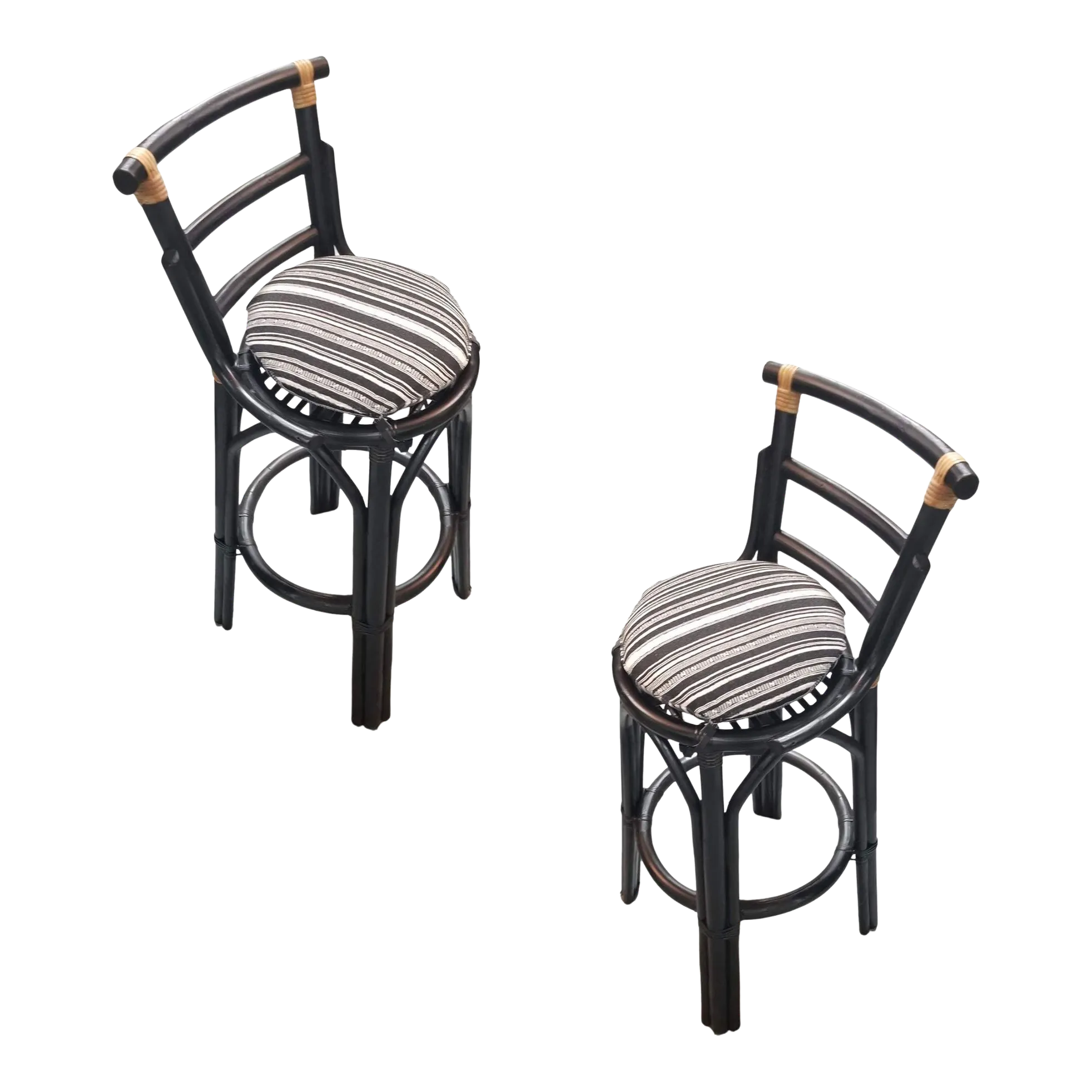 Restored Black Rattan Bar Stools Set of 2 in the Style of John Wisner