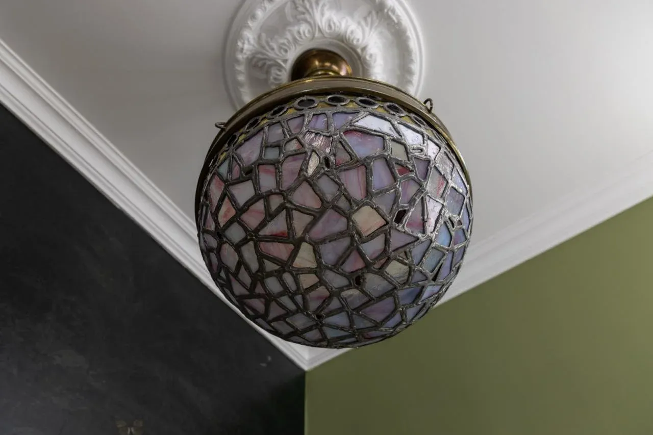 Art Nouveau French Blue and Violet Stained Glass Pendant Light, 1920s