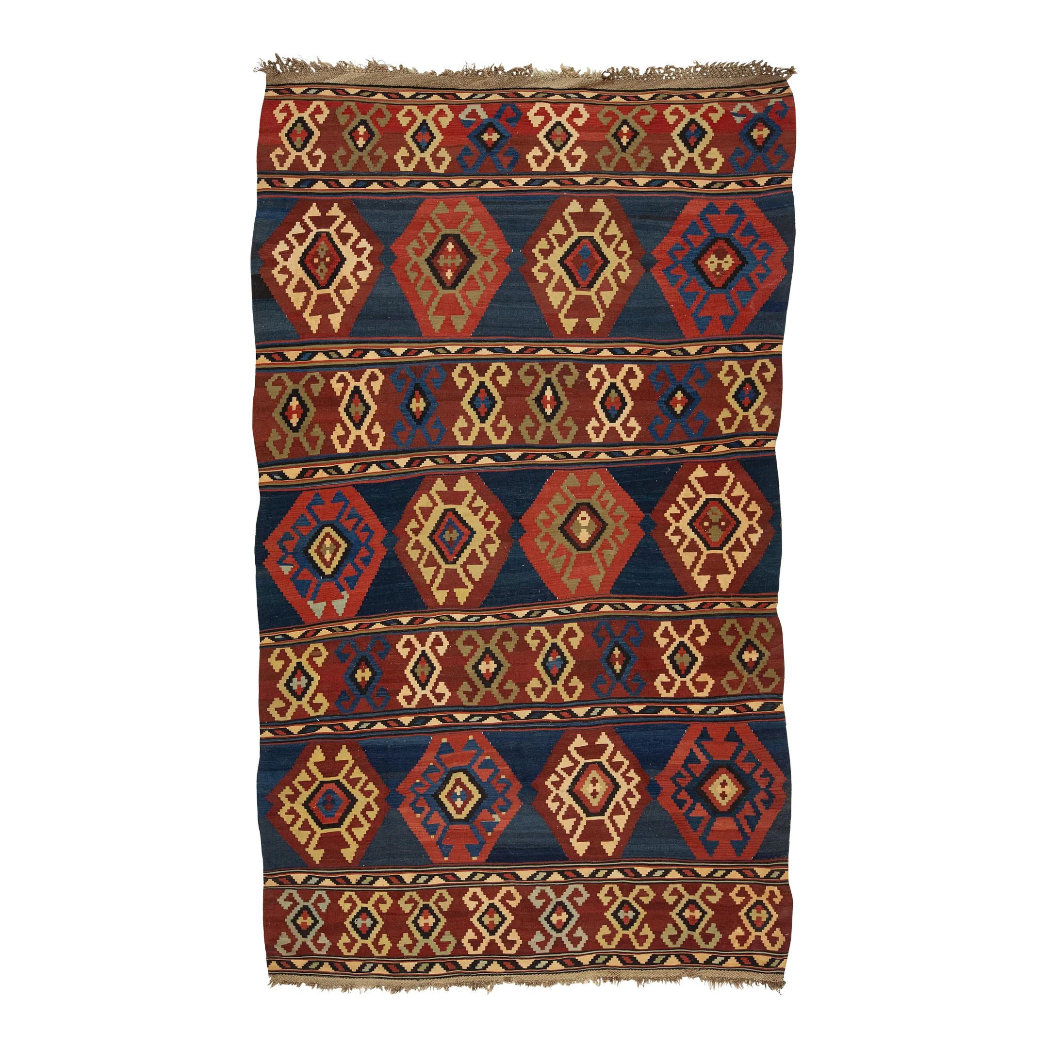 Handmade Vintage Turkish Kilim Wool Rug Allover Geometric in Blue and Red