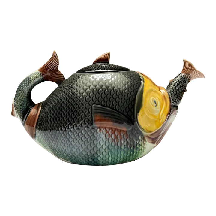 Majolica Teapot "Fish Swallowing Fish," English, 1870 Chairish