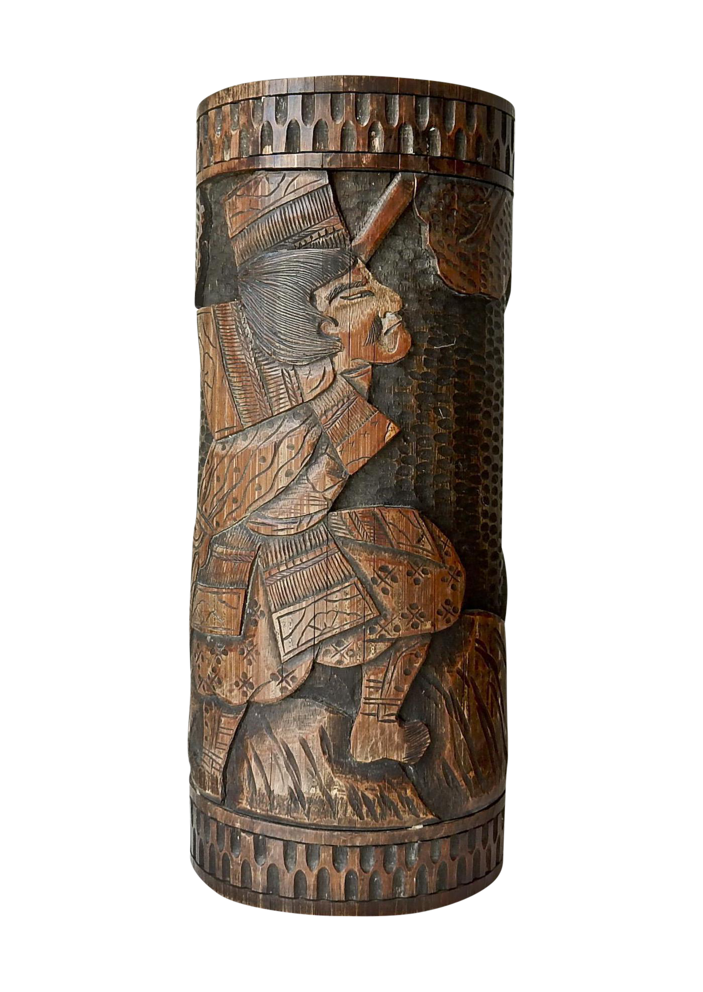 Antique Bamboo Vase, Japanese Brush Holder, Carved Wood Vase, Samurai