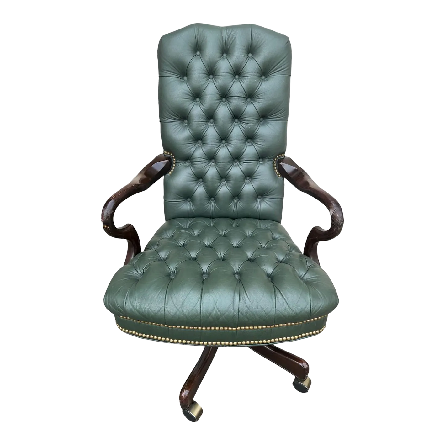 Early 21st Century Green Tufted Leather and Cherry Wood Executive Swivel Chair Chairish