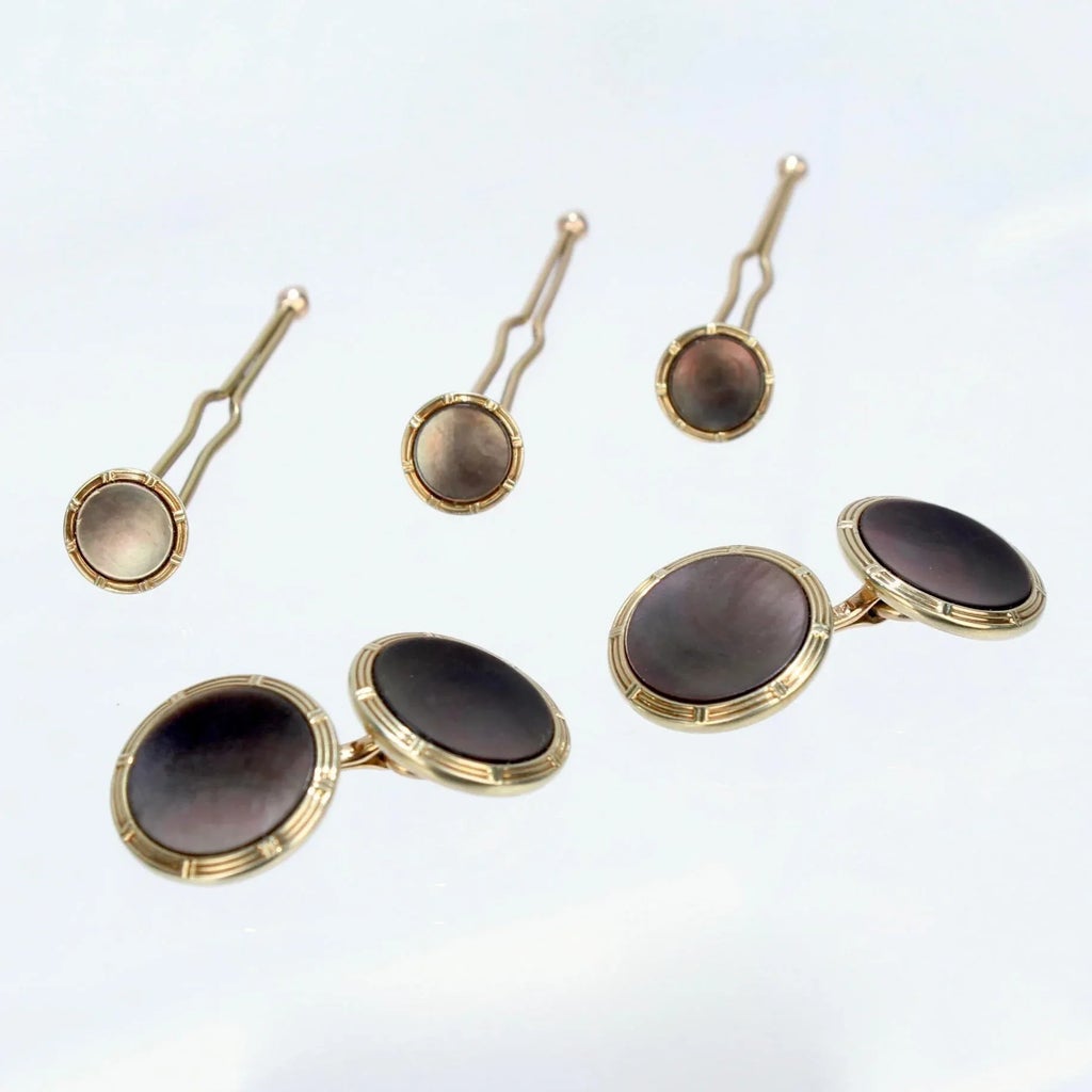 Boutons De Manchette Vintage Ornés - Pierre Marron Marbre Ovale, Tons Or, Occasion Avec Oxydation