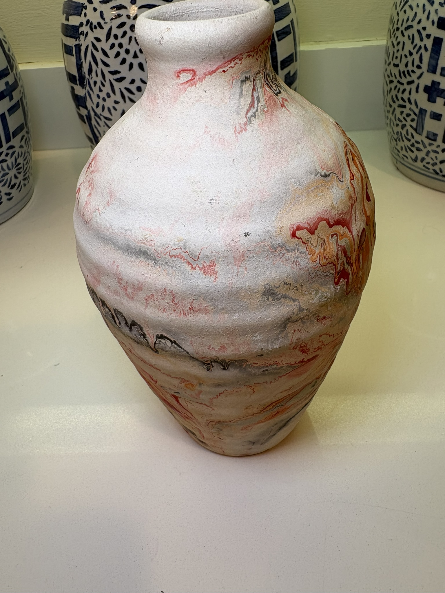 Boho Chic Nemadji Swirl Vase in Red Orange & Gray Studio Pottery main image 5